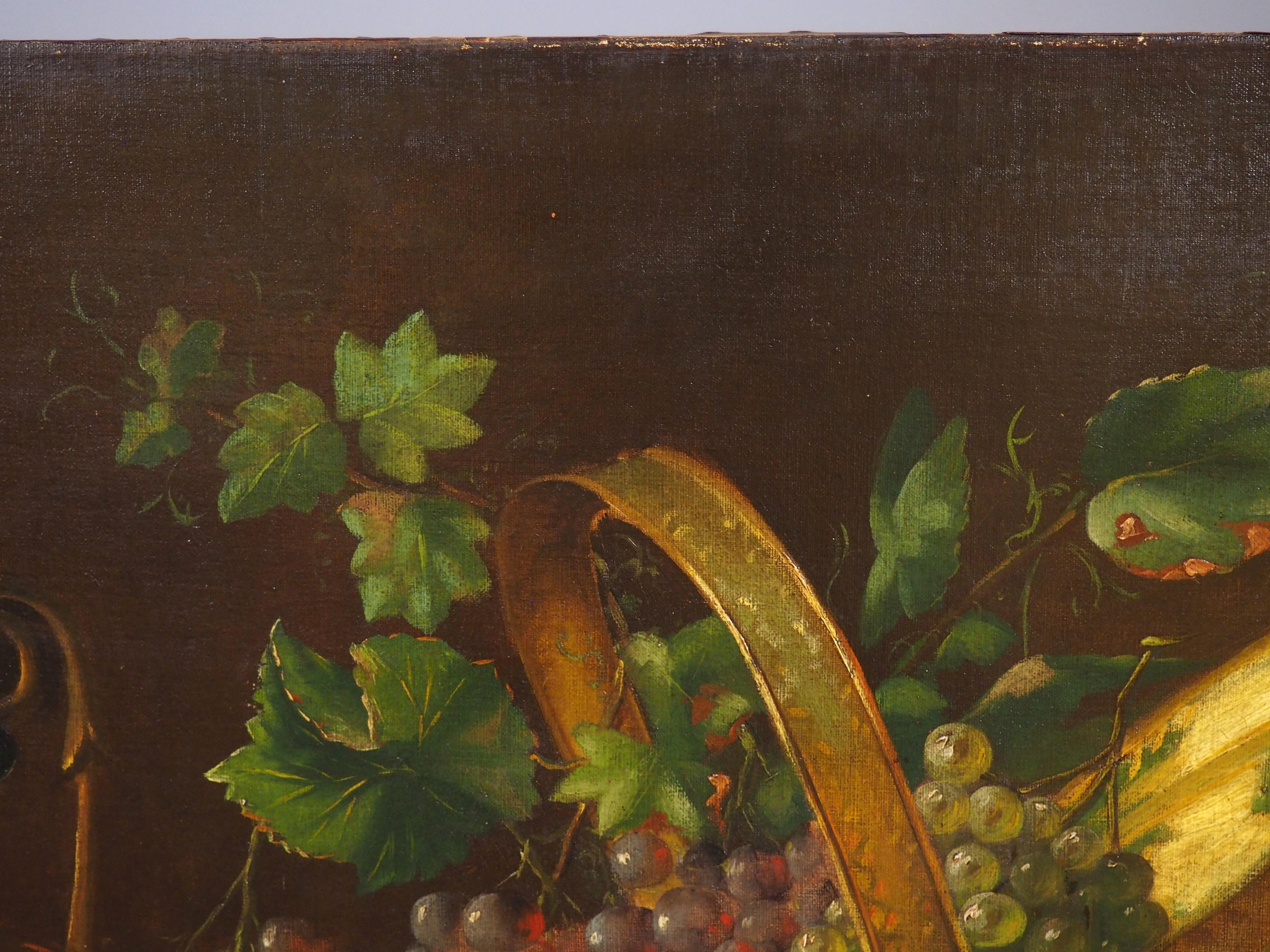 Antikes Stilleben-Gemälde eines Arrangements aus Früchten und goldenen Gefäßen, 1889 im Angebot 4