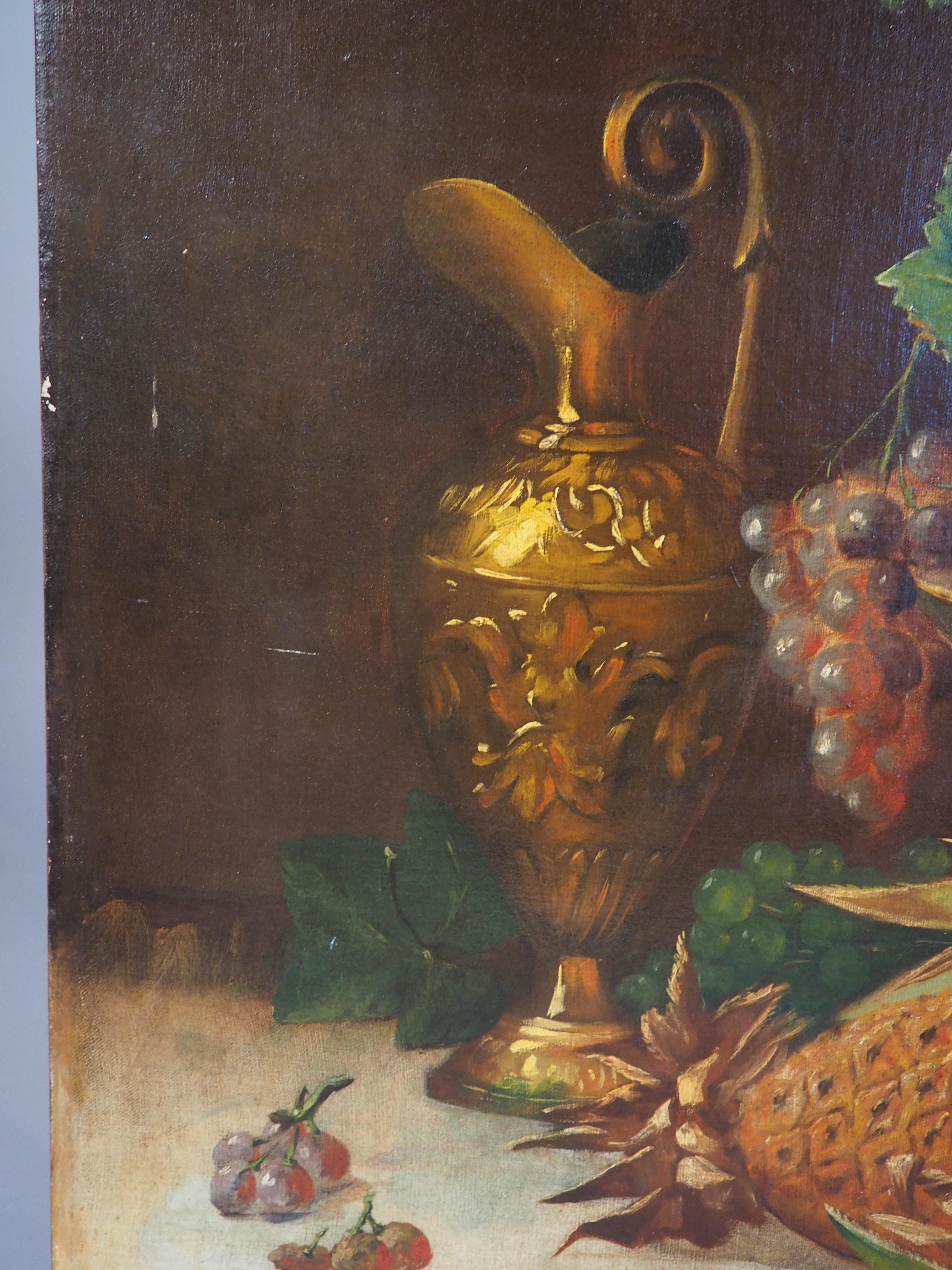 Antikes Stilleben-Gemälde eines Arrangements aus Früchten und goldenen Gefäßen, 1889 im Angebot 8