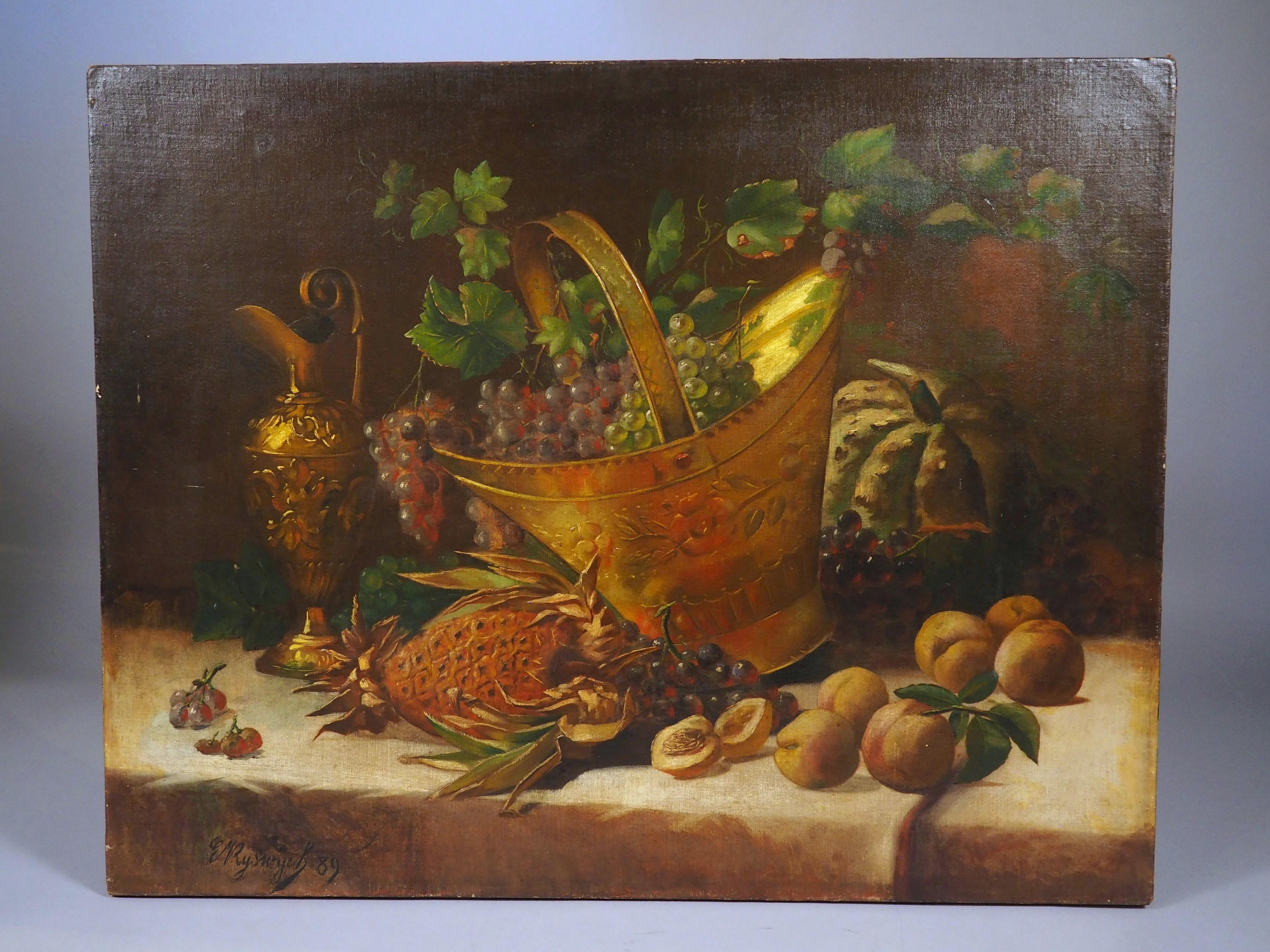 Antikes Stilleben-Gemälde eines Arrangements aus Früchten und goldenen Gefäßen, 1889 im Angebot 9