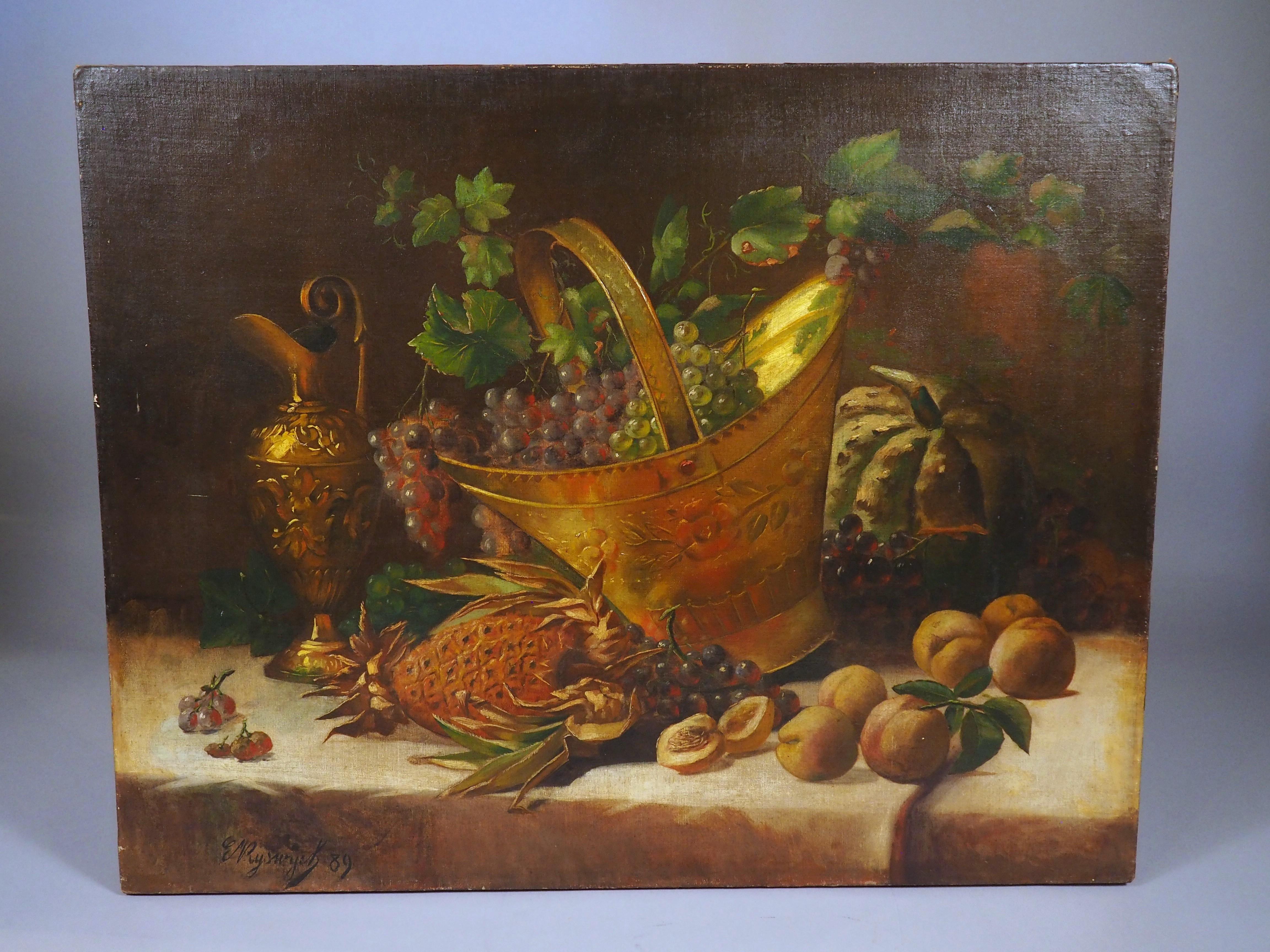 Weitere Informationen folgen in Kürze...

Dieses Stillleben aus dem Jahr 1889 zeigt eine Fülle von Früchten auf einem mit cremefarbenem Leinen gedeckten Tisch.  Die meisten Früchte (Pfirsiche, Ananas und Weintrauben) liegen direkt auf dem Tischtuch,