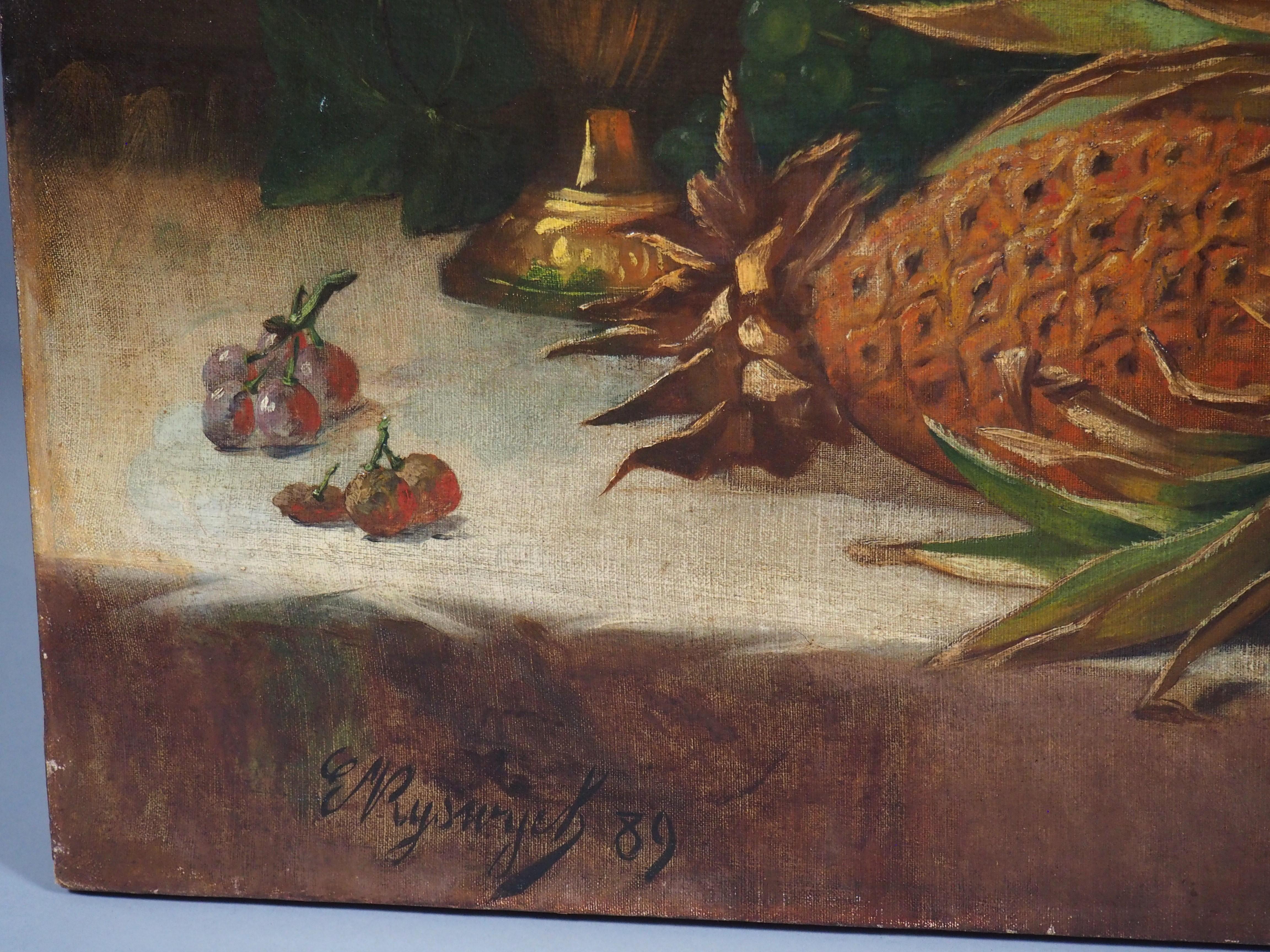 Antikes Stilleben-Gemälde eines Arrangements aus Früchten und goldenen Gefäßen, 1889 im Zustand „Gut“ im Angebot in Dallas, TX