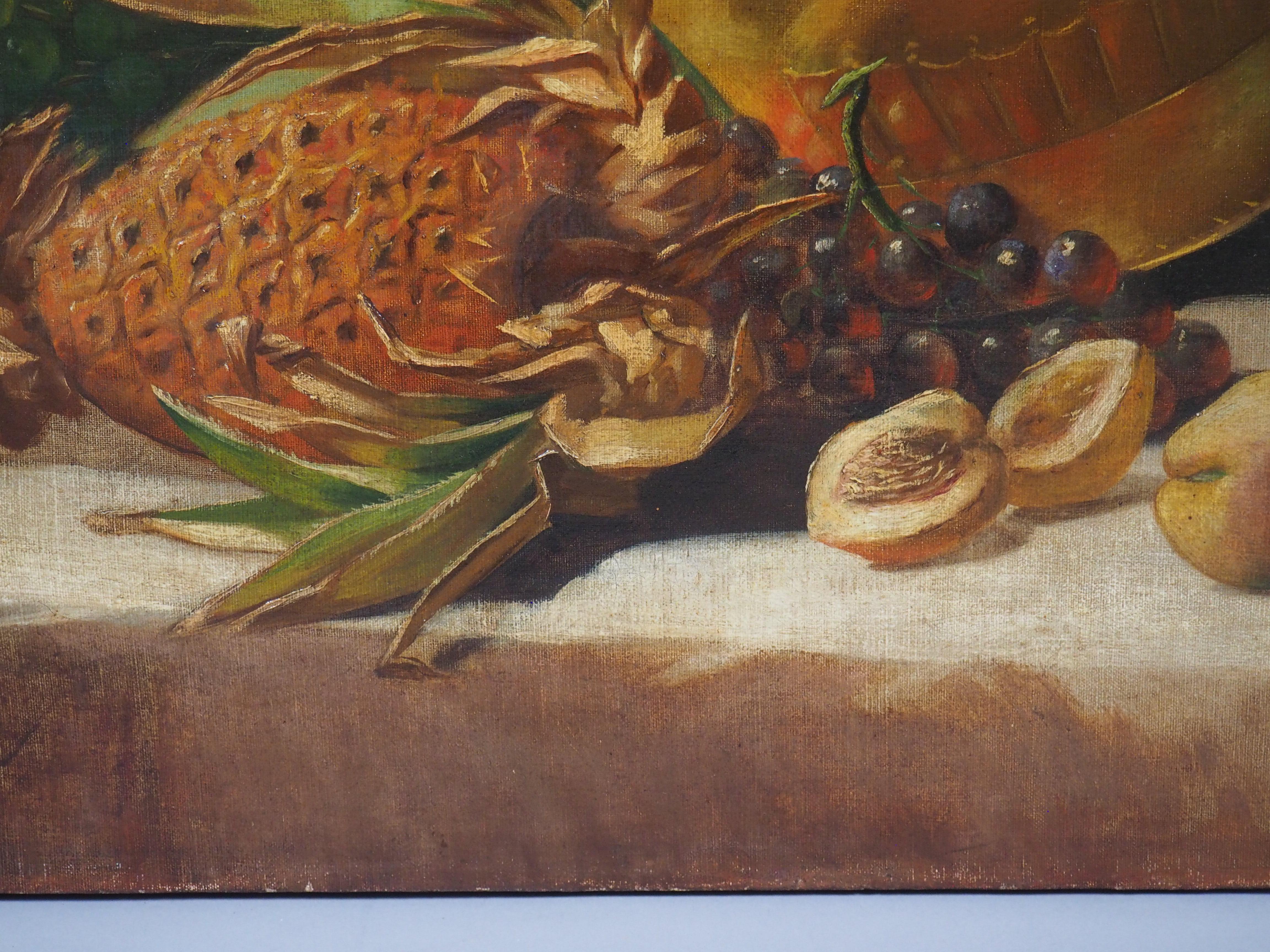 Antikes Stilleben-Gemälde eines Arrangements aus Früchten und goldenen Gefäßen, 1889 (Spätes 19. Jahrhundert) im Angebot