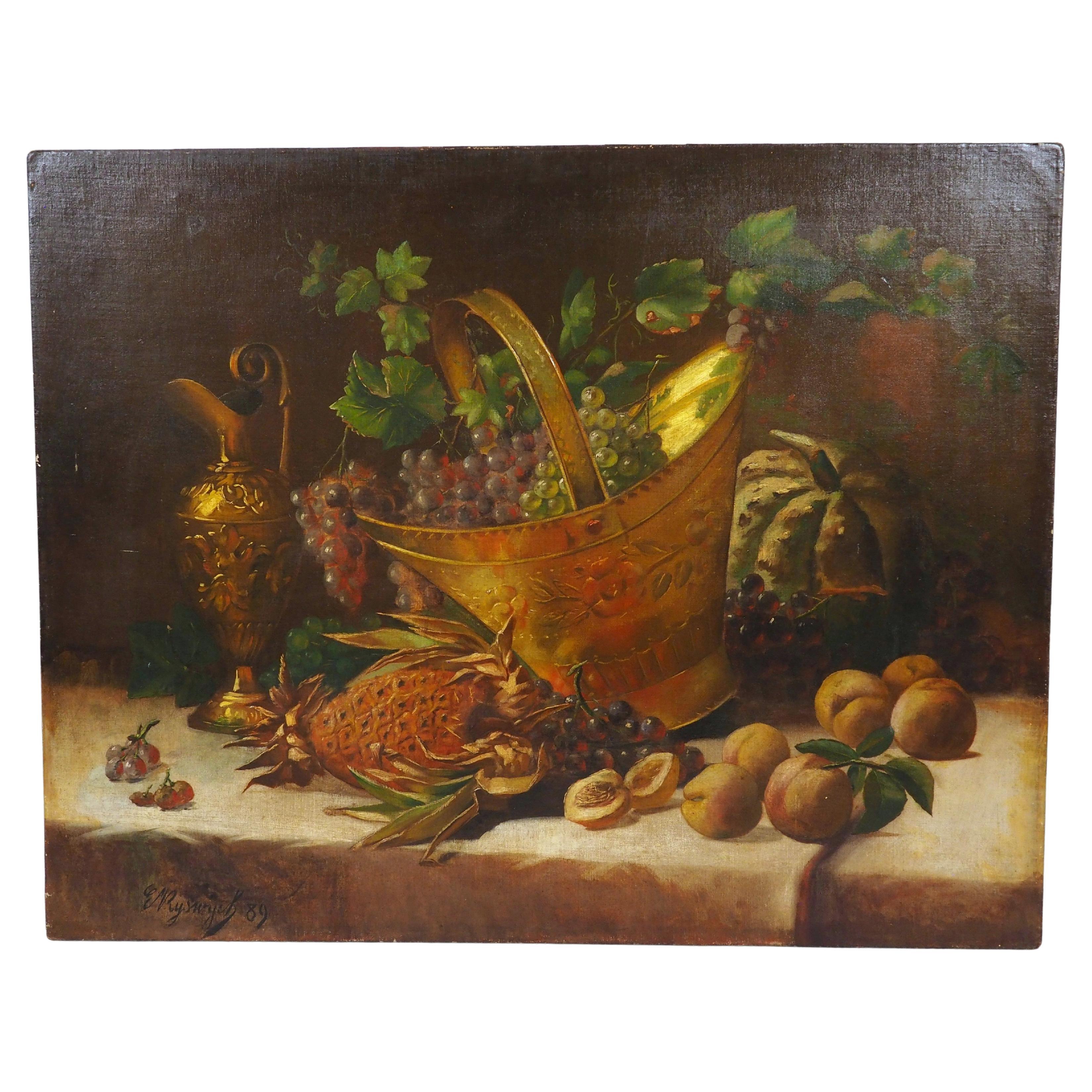 Antikes Stilleben-Gemälde eines Arrangements aus Früchten und goldenen Gefäßen, 1889