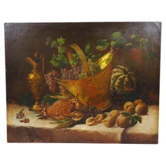 Antikes Stilleben-Gemälde eines Arrangements aus Früchten und goldenen Gefäßen, 1889