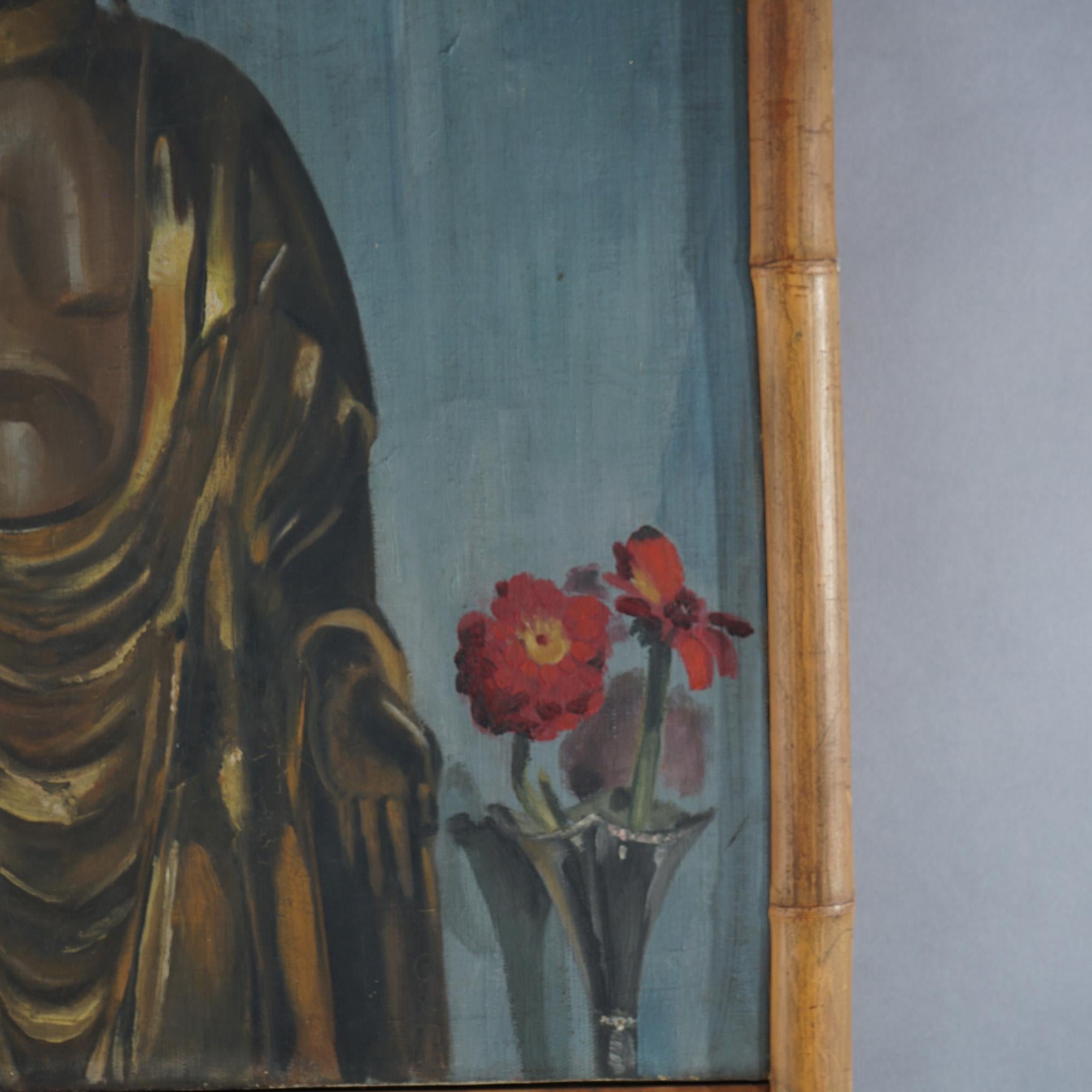 Antique Still Life Painting of Buddha Statue & Floral Vase in Bamboo Frame c1920 4