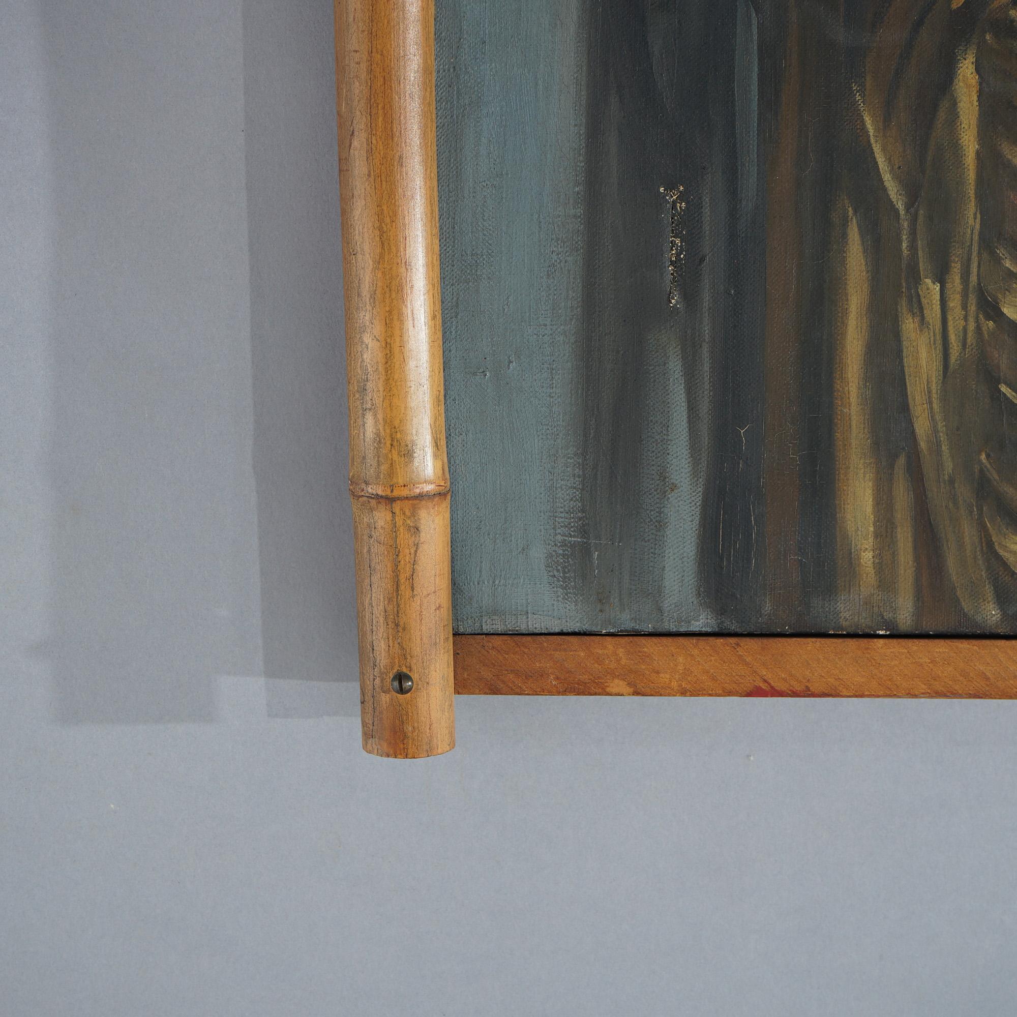 Antique Still Life Painting of Buddha Statue & Floral Vase in Bamboo Frame c1920 5