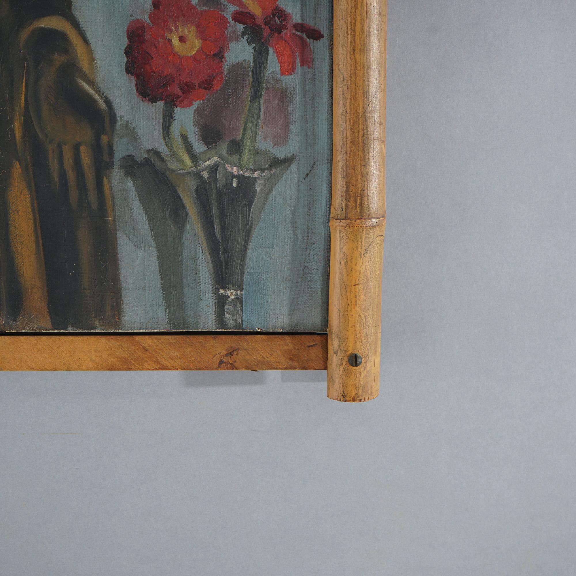 Antique Still Life Painting of Buddha Statue & Floral Vase in Bamboo Frame c1920 6