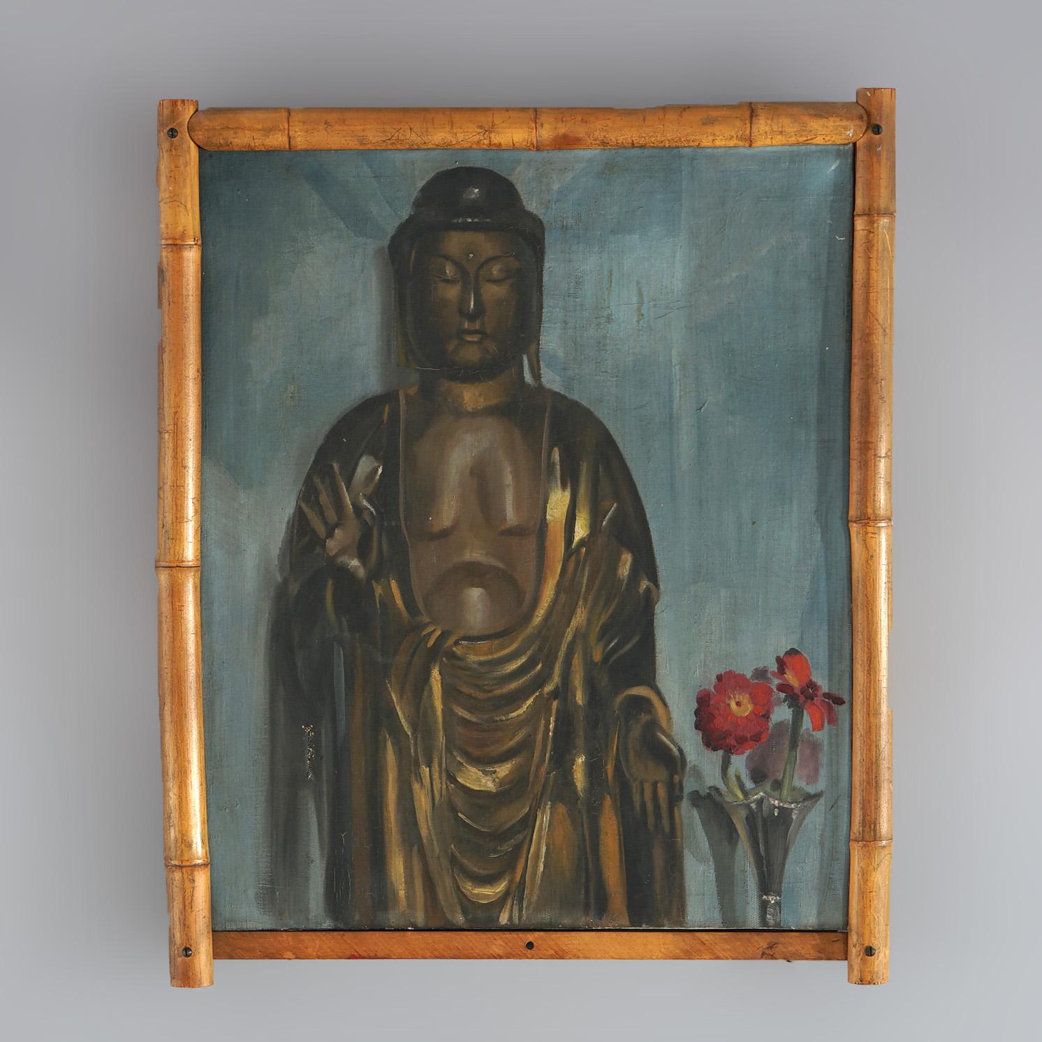 An antique Asian still life painting offers oil on canvas still life of a Buddha statue with a vase having flowers; seated in wood frame with bamboo facing; c1920

Measures- 24.5''H x 20''W x 2''D; 21.25''H x 17''W sight
