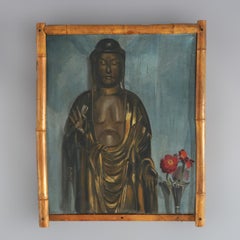 Antique Still Life Painting of Buddha Statue & Floral Vase in Bamboo Frame c1920