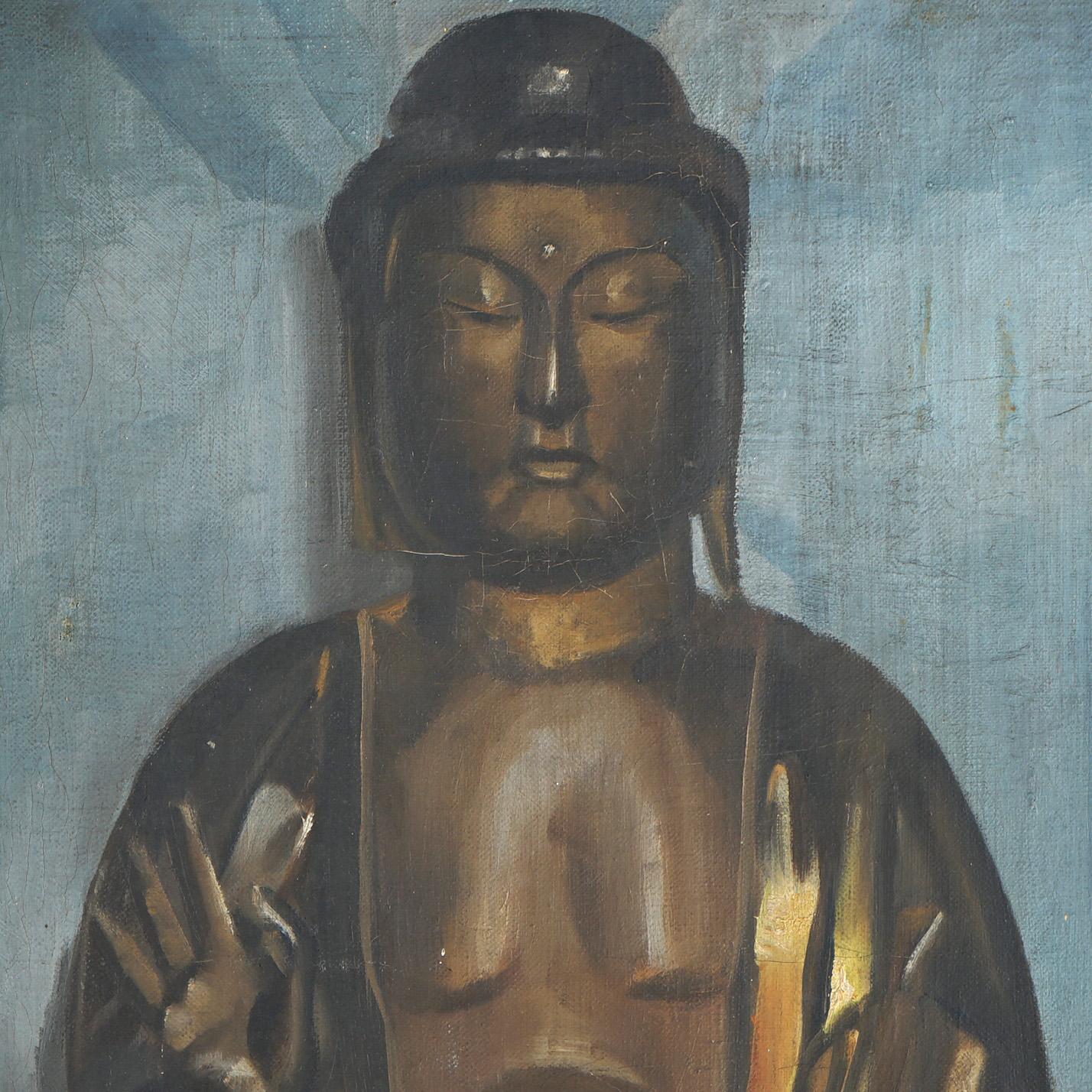 Asian Antique Still Life Painting of Buddha Statue & Floral Vase in Bamboo Frame c1920