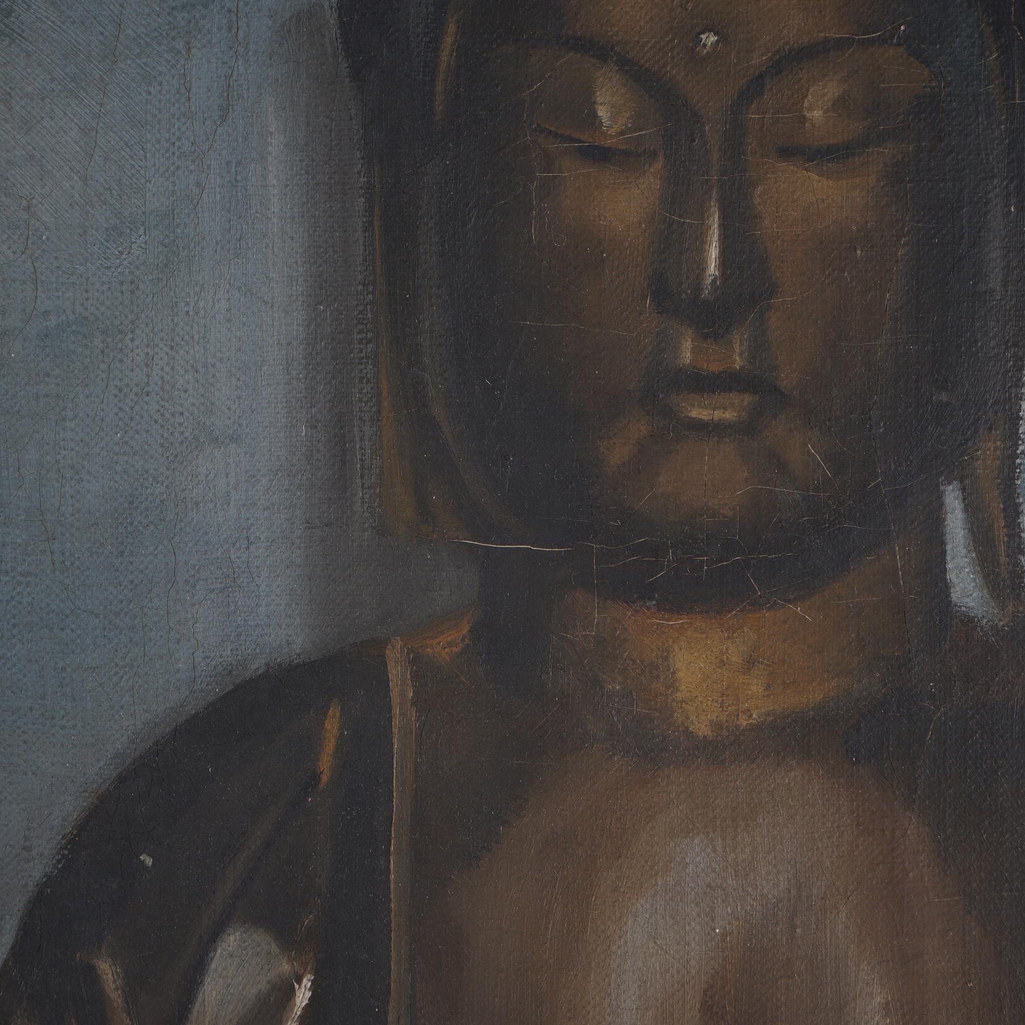 Antique Still Life Painting of Buddha Statue & Floral Vase in Bamboo Frame c1920 In Good Condition In Big Flats, NY