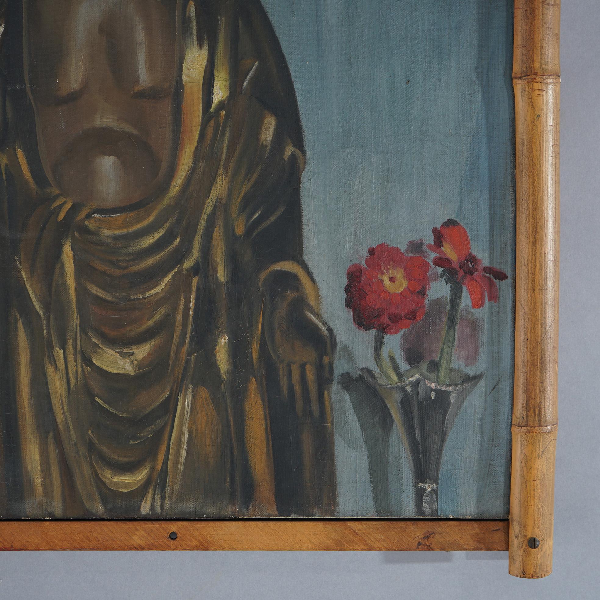 20th Century Antique Still Life Painting of Buddha Statue & Floral Vase in Bamboo Frame c1920