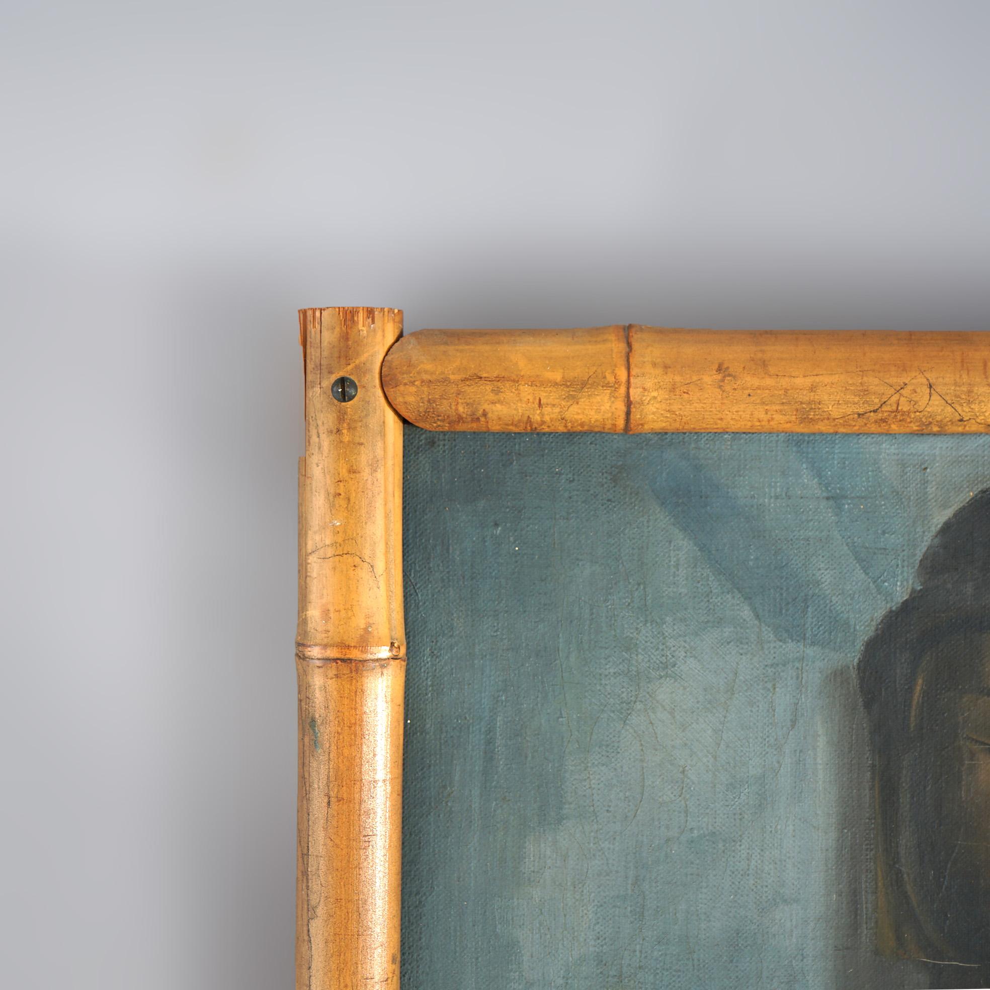 Antique Still Life Painting of Buddha Statue & Floral Vase in Bamboo Frame c1920 1