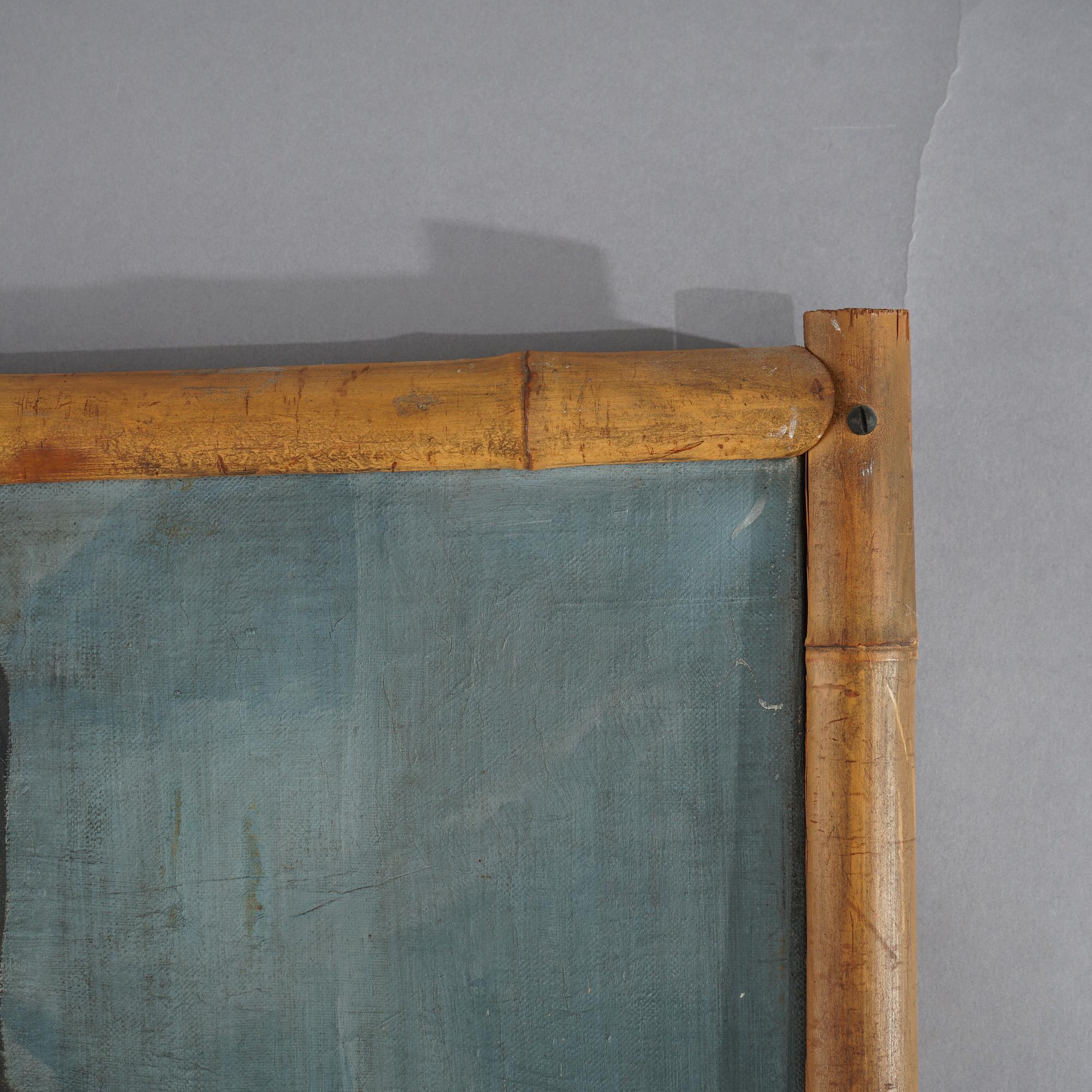 Antique Still Life Painting of Buddha Statue & Floral Vase in Bamboo Frame c1920 2