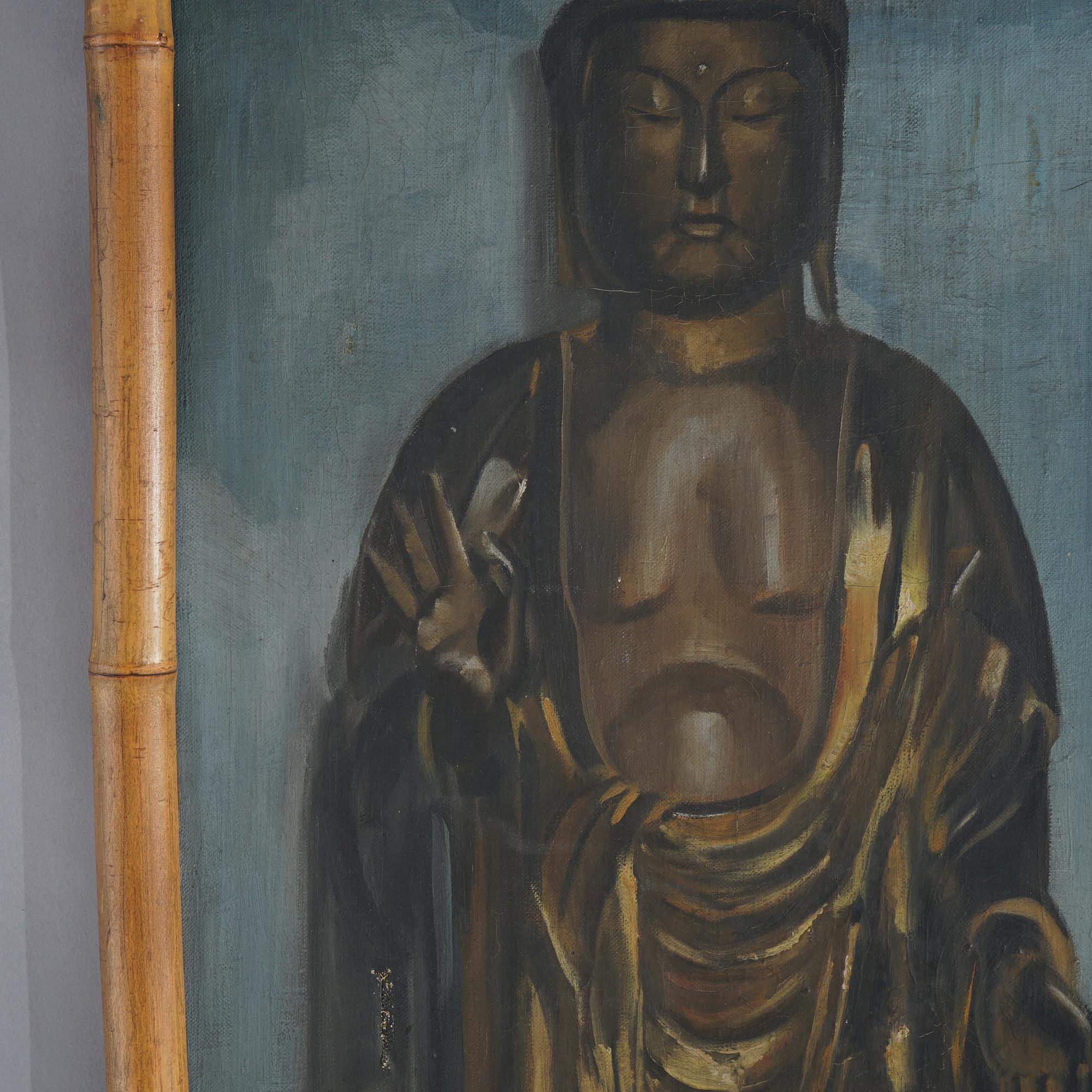 Antique Still Life Painting of Buddha Statue & Floral Vase in Bamboo Frame c1920 3