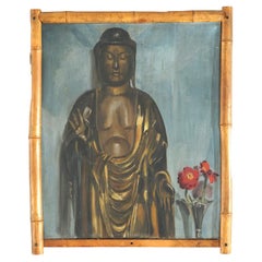 Antique Still Life Painting of Buddha Statue & Floral Vase in Bamboo Frame c1920