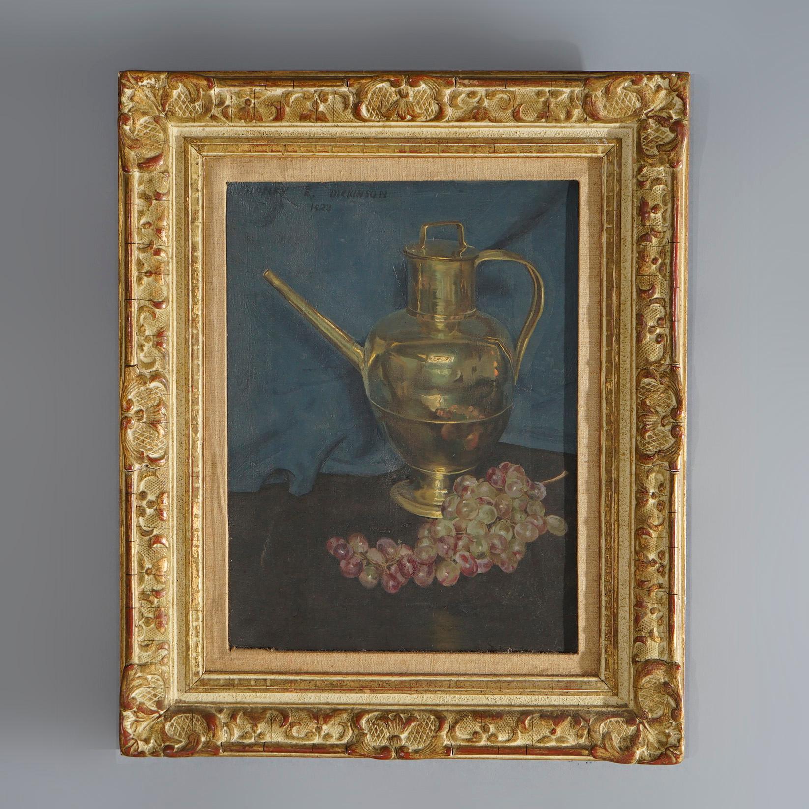 An antique painting by Sidney E Dickinson dated 1923 offers oil on canvas tabletop fruit still life with brass pitcher and grapes, artist signed upper left, seated in giltwood frame, early 20th century.

Measures- 18.75''H x 22.75''W x 2''D