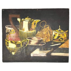 Antique Still Life Painting Oil on Board Tea Time with Book and Cigarette
