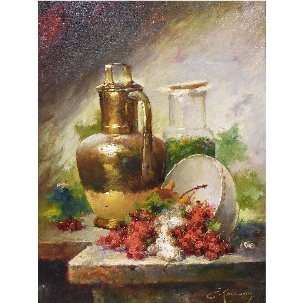 Still Life artwork, oil Painting On Canvas, Ribes and Copper vase with antique Ceramic Bowl. Antique Still Life Painting, XIX Century.

Beautifull Still life painting rich and colorful. It also has a golden frame realised in the late nineteenth