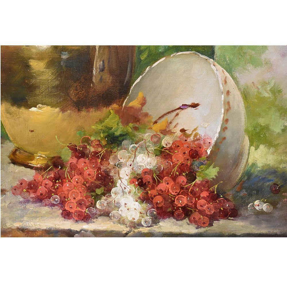 Napoleon III  Antique Still Life Painting, Ribes and Copper, Oil Painting On Canvas, XIX