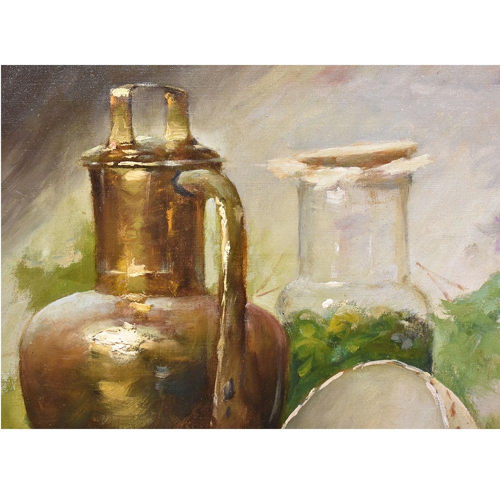 French  Antique Still Life Painting, Ribes and Copper, Oil Painting On Canvas, XIX
