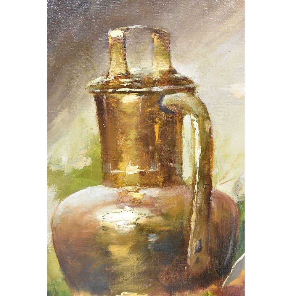 Painted  Antique Still Life Painting, Ribes and Copper, Oil Painting On Canvas, XIX