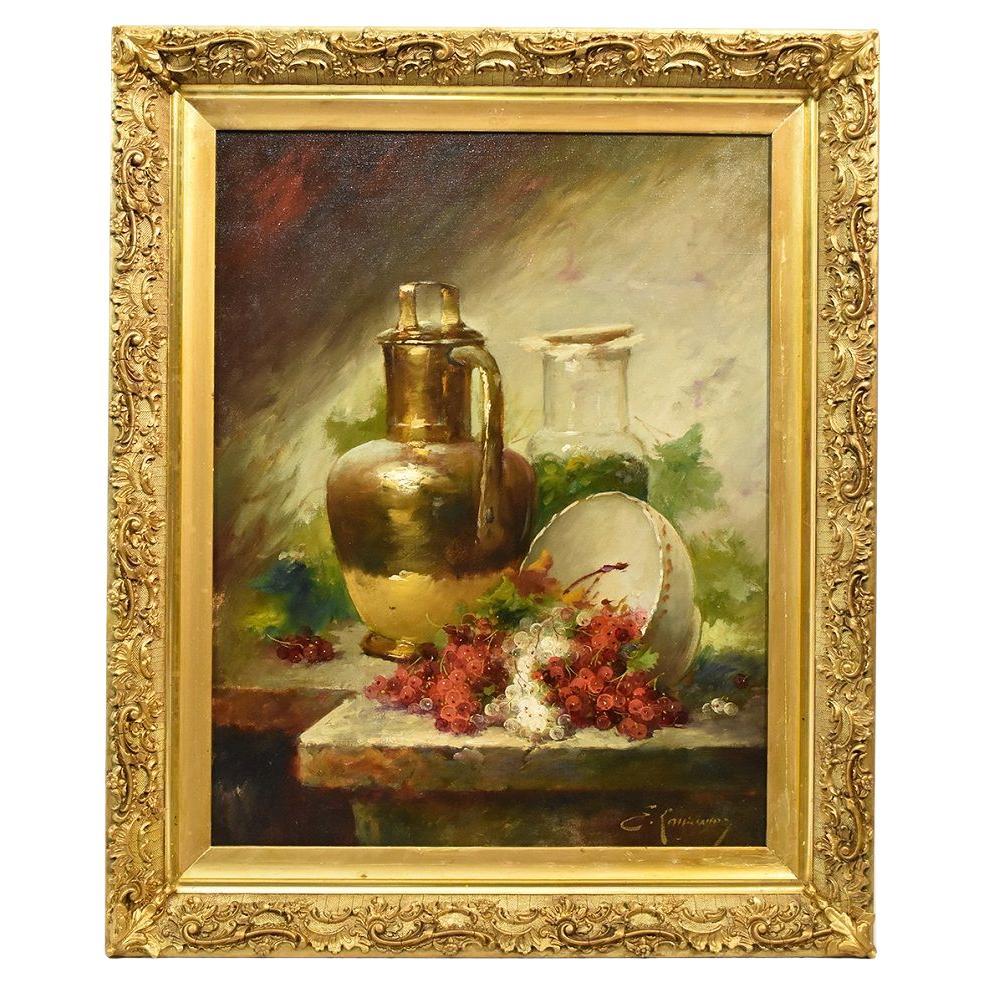  Antique Still Life Painting, Ribes and Copper, Oil Painting On Canvas, XIX