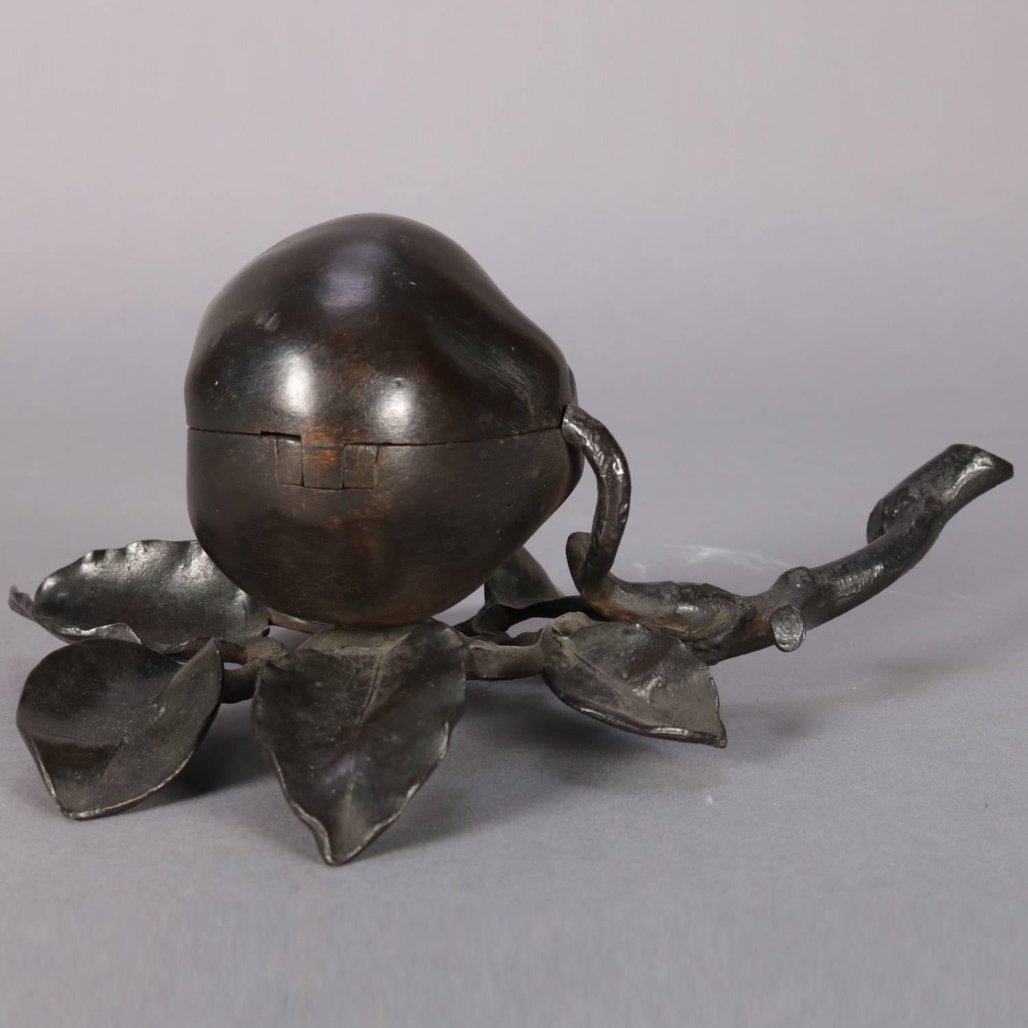 19th Century Antique Still Life Pear, Branch and Snail Bronzed Figural Cast Inkwell