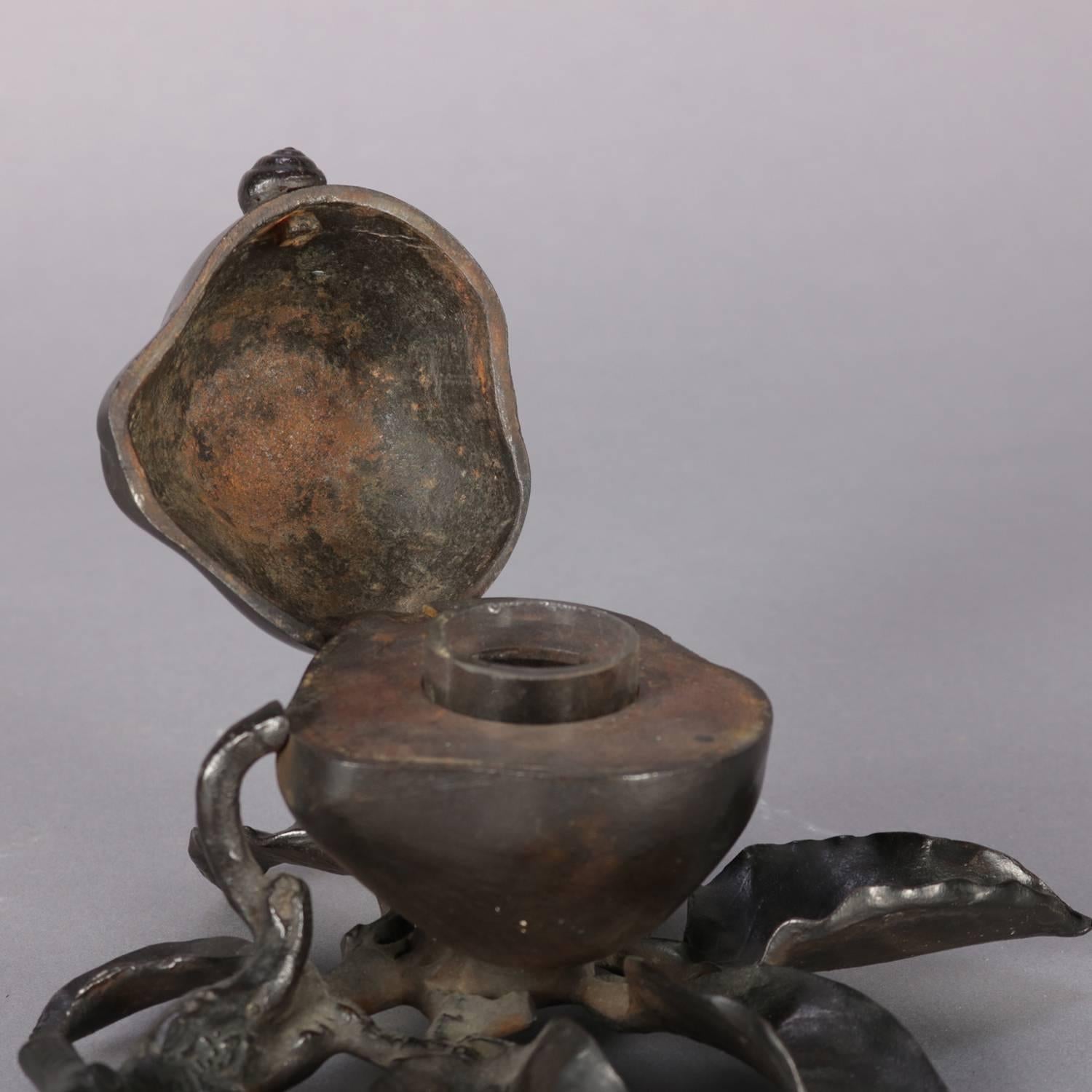 Antique Still Life Pear, Branch and Snail Bronzed Figural Cast Inkwell 1