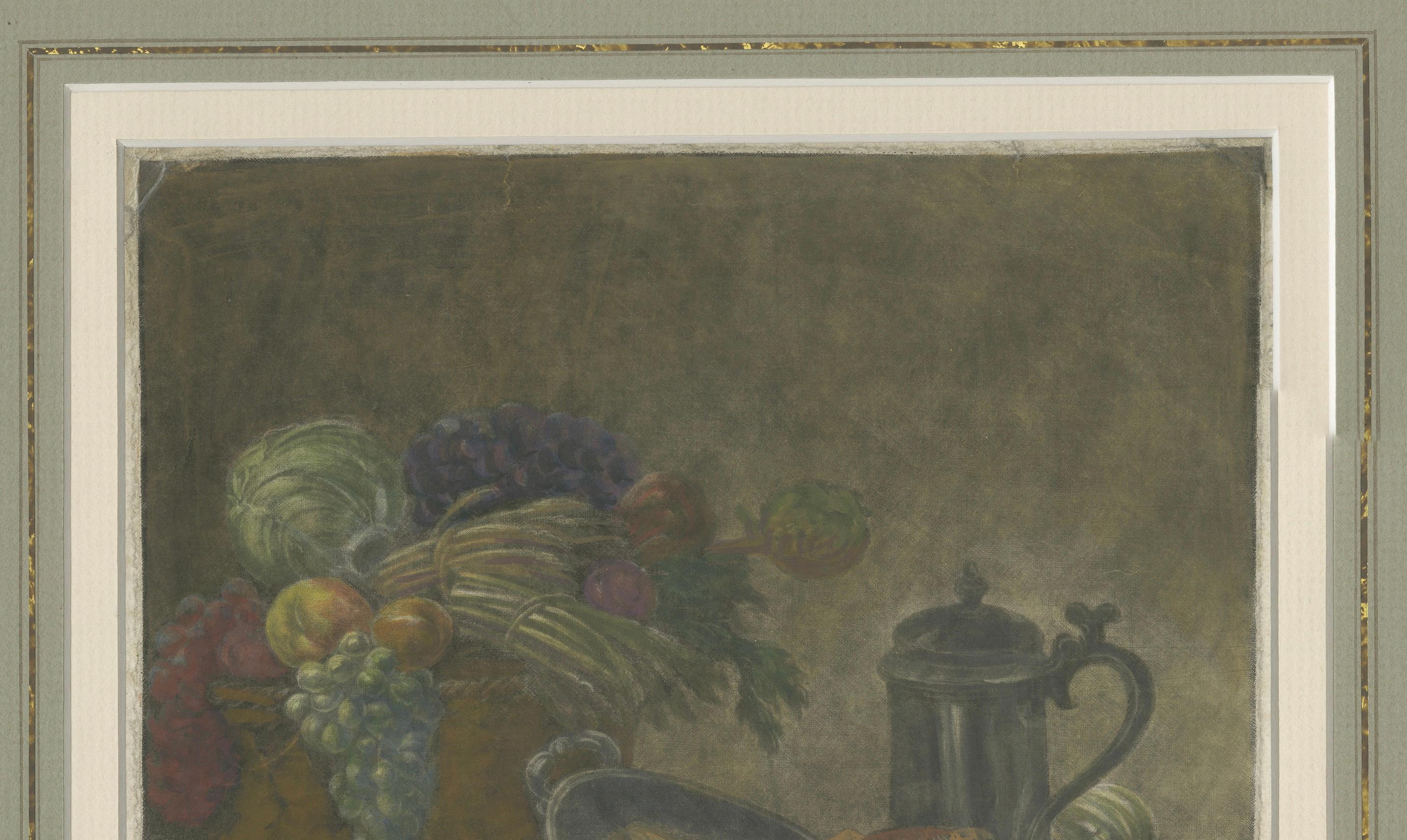 Antiguo bodegón - Pescado, cangrejos, fruta y jarra de peltre - Beckett & Robinson, c.1800

Este fino grabado antiguo a punzón y a línea, coloreado a mano, presenta una dramática composición de bodegón en la gran tradición europea. Sobre la mesa hay