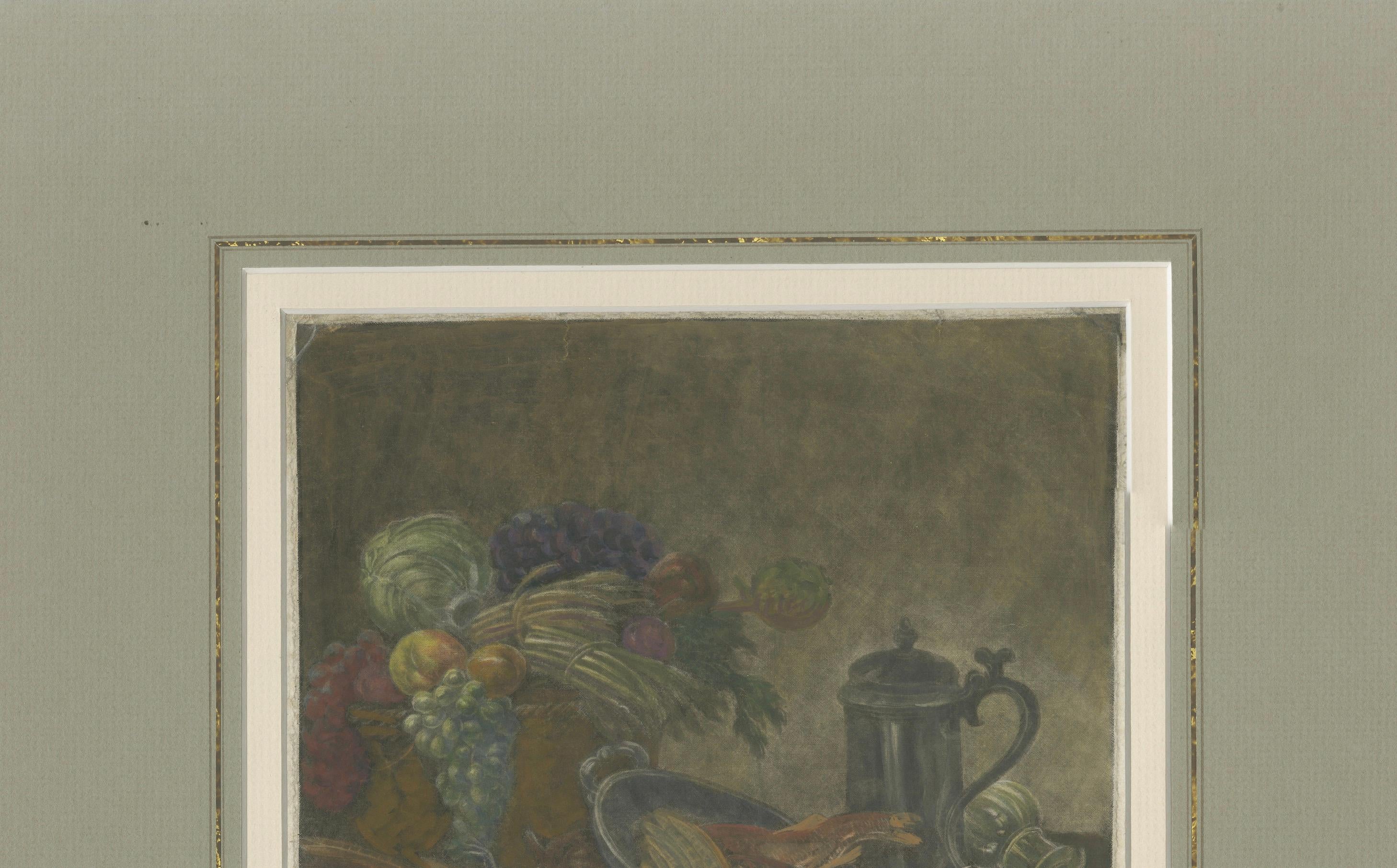 Antiguo Bodegón - Pez, Cangrejo, Fruta y Jarra de Peltre - Circa 1800 Grabado en venta
