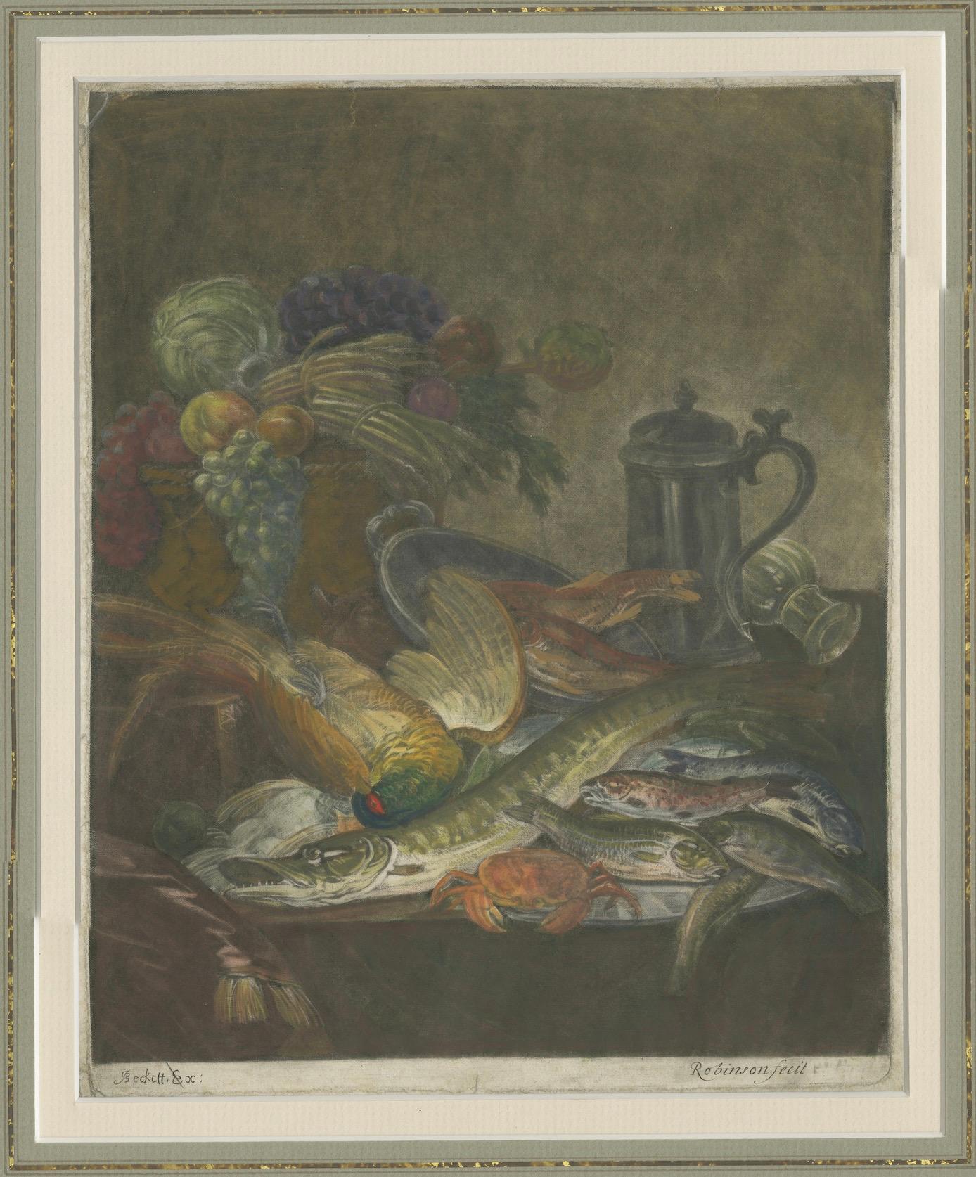 Antiguo Bodegón - Pez, Cangrejo, Fruta y Jarra de Peltre - Circa 1800 siglo XIX en venta