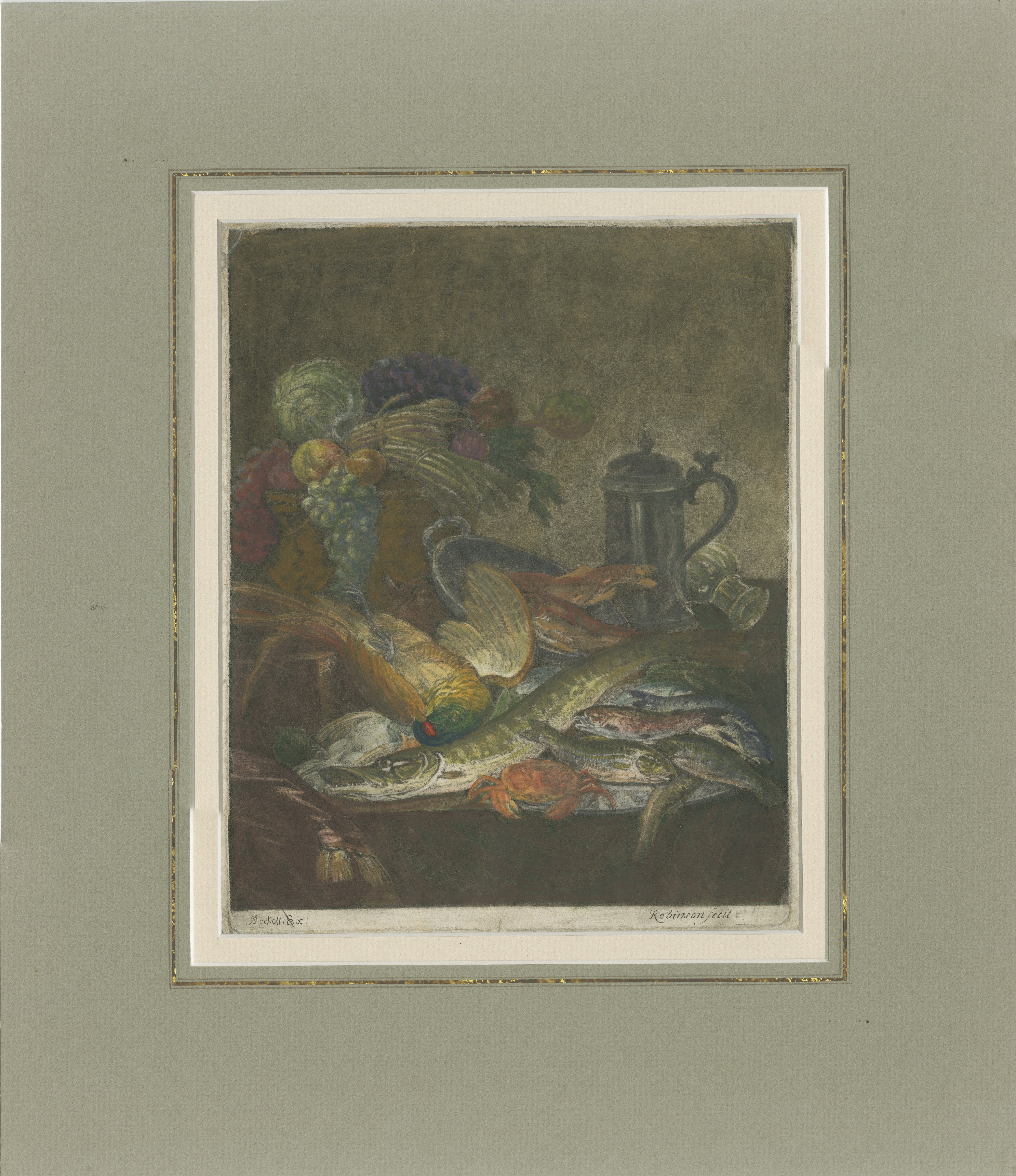 Antiguo Bodegón - Pez, Cangrejo, Fruta y Jarra de Peltre - Circa 1800 en venta