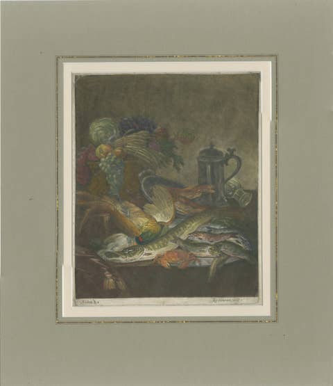 Antique Still Life Print – Fish, Crabs, Fruit and Pewter Jug – Circa 1800