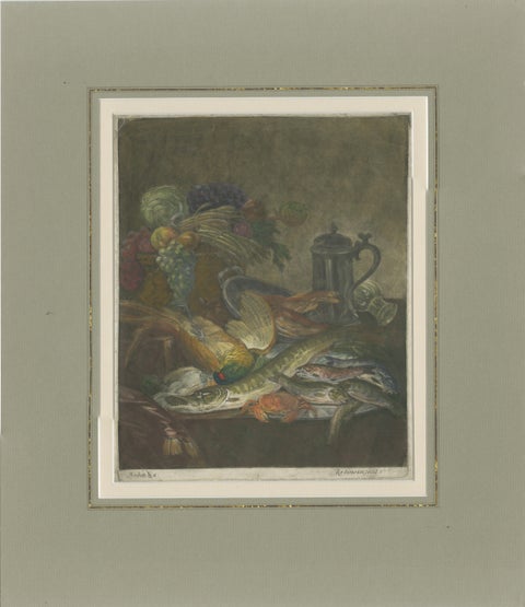 Antique Still Life Print, Fish, Crabs, Fruit and Pewter Jug, Circa 1800