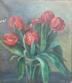 Antique still life Scandinavian oil painting of red tulip flowers