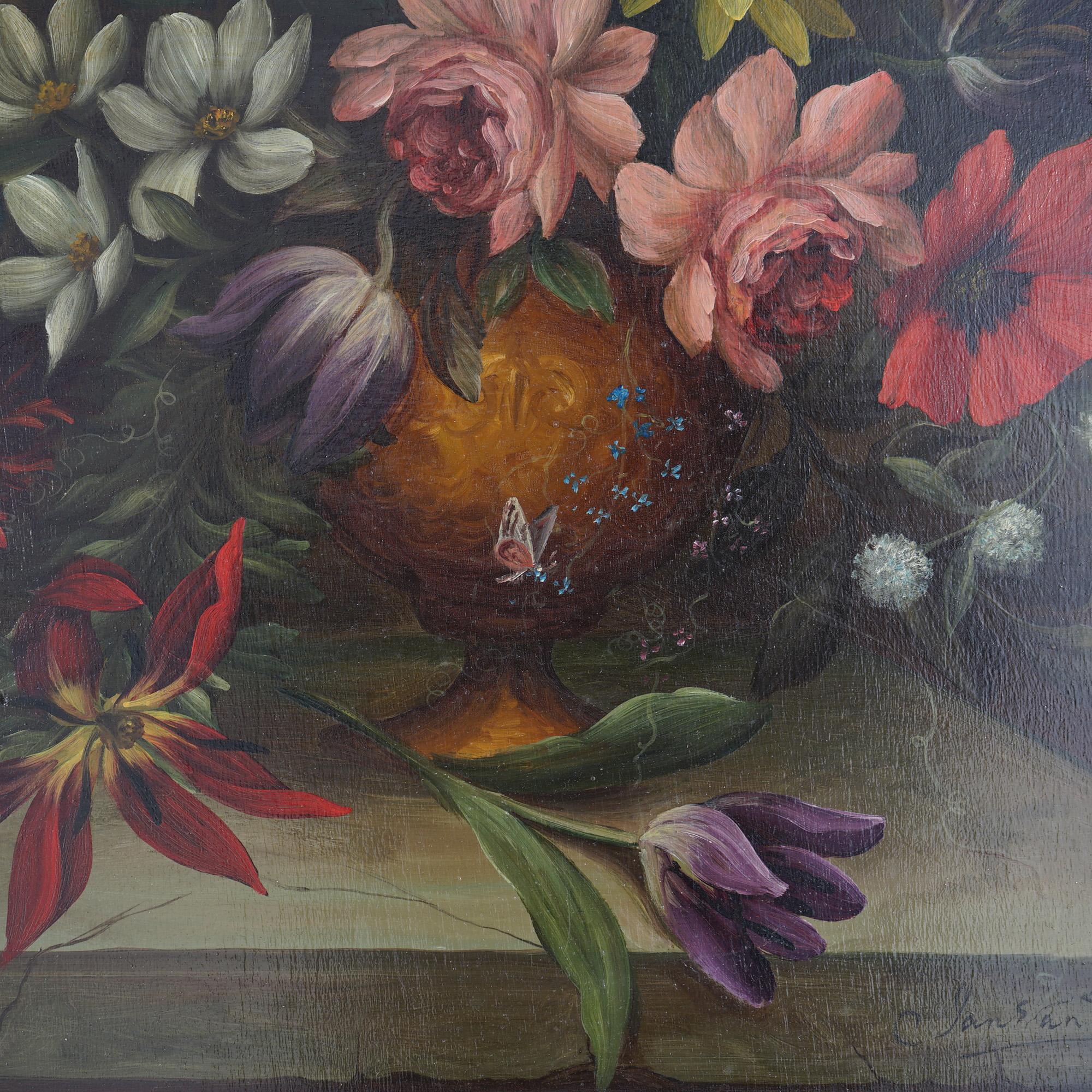 19th Century Antique Still Life with Flowers & Butterflies on a Stone Ledge by Jan Van Doust