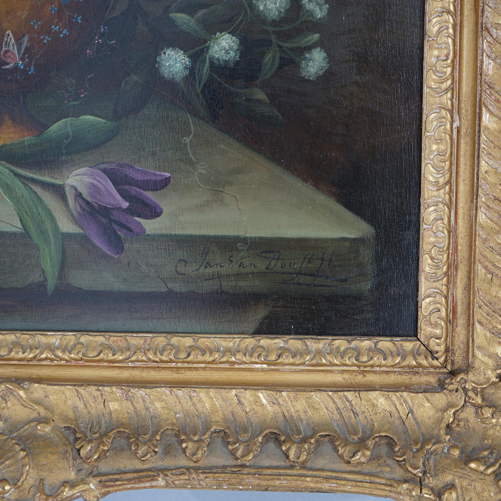 Antique Still Life with Flowers & Butterflies on a Stone Ledge by Jan Van Doust 1