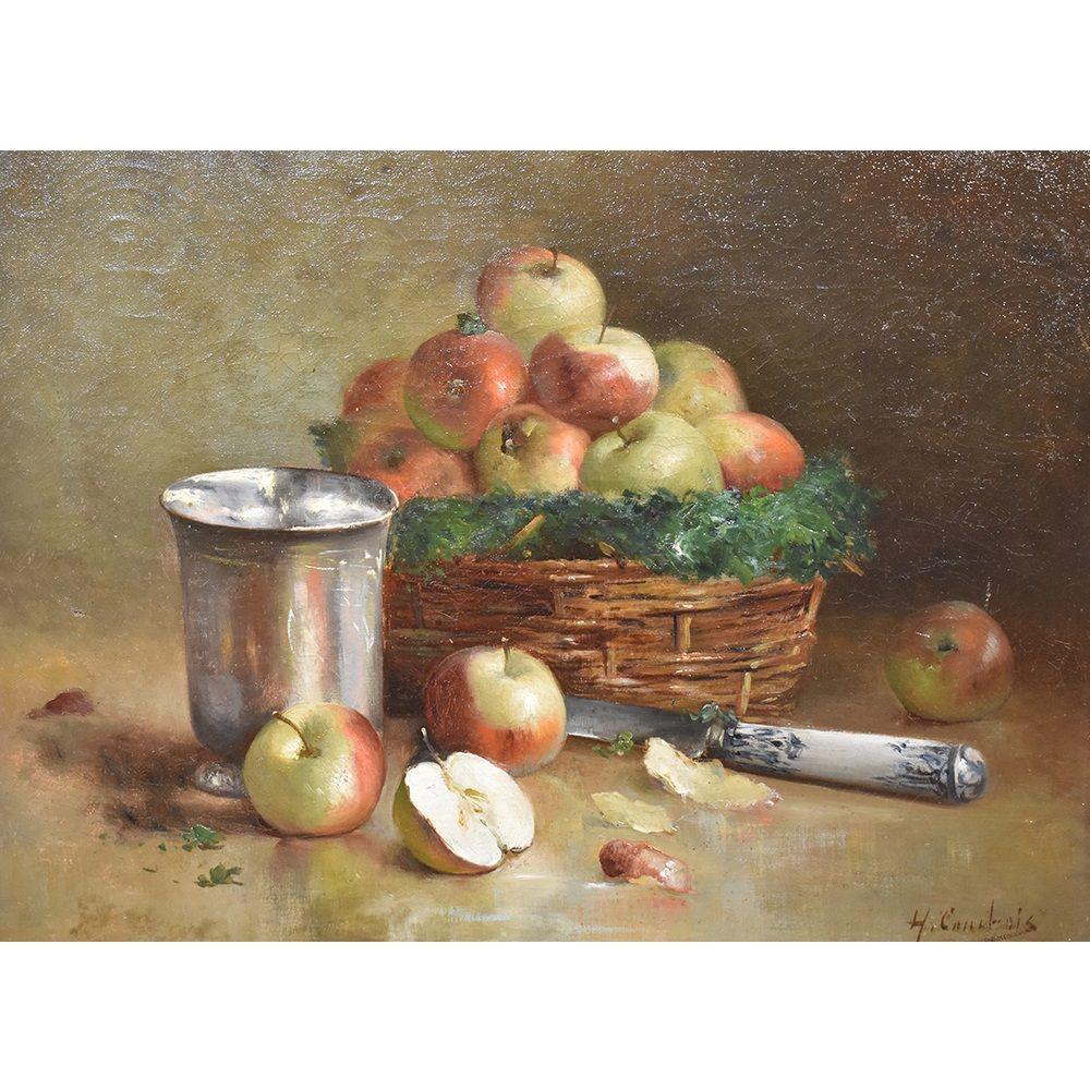 Still Life artwork, antique oil painting, which represents Basket of red apples. It also has a wood carved frame. 

The oil on canvas painting dates back to the nineteenth Century. This floral oil painting is signed H. Cauchois, french