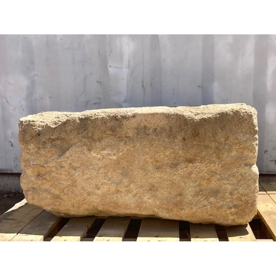 Low basin with square body and round center. Limestone showing wear from it's use over the ages. Great for a low water feature, or planter with succulents, etc.