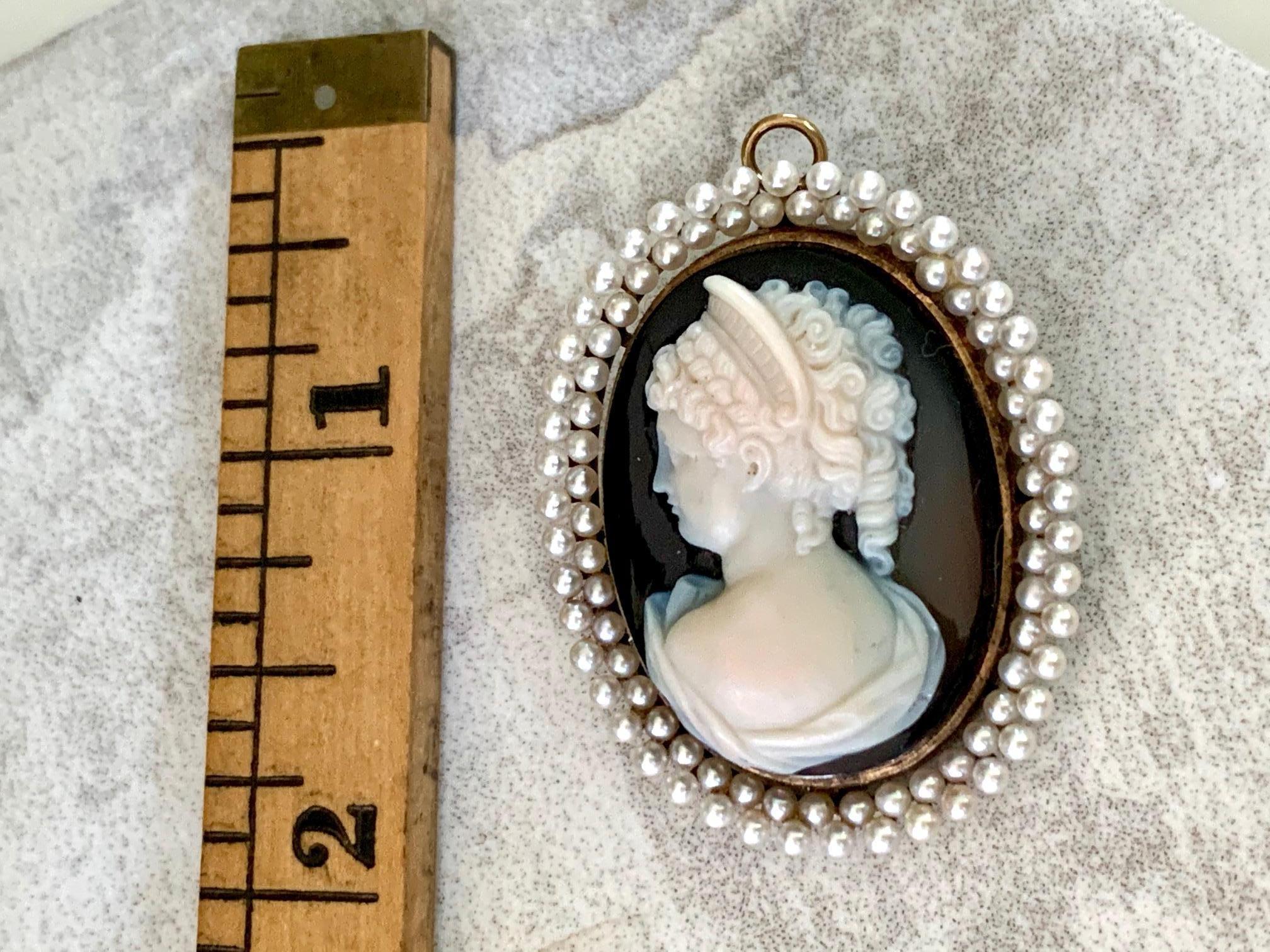 Antique Stone Cameo with Double Pearl Halo in 14 Karat Gold 4