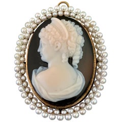 Antique Stone Cameo with Double Pearl Halo in 14 Karat Gold