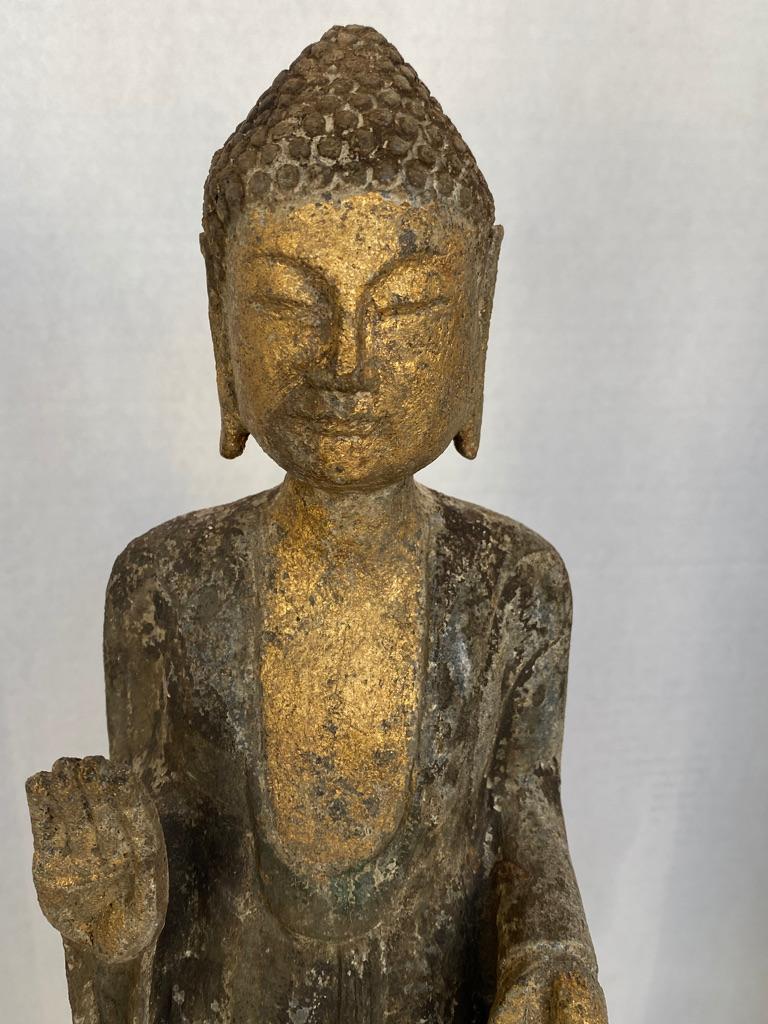 Antique Stone Column Buddha Gold Gilt In Good Condition For Sale In Sarasota, FL