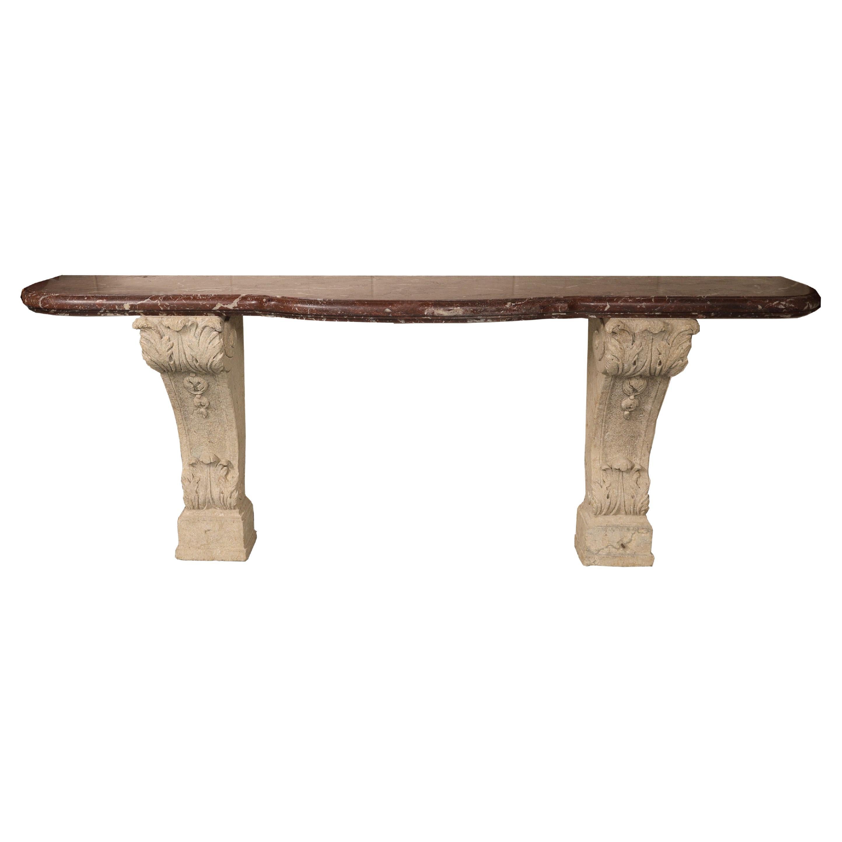 Antique Stone Console with Red Marble Top For Sale