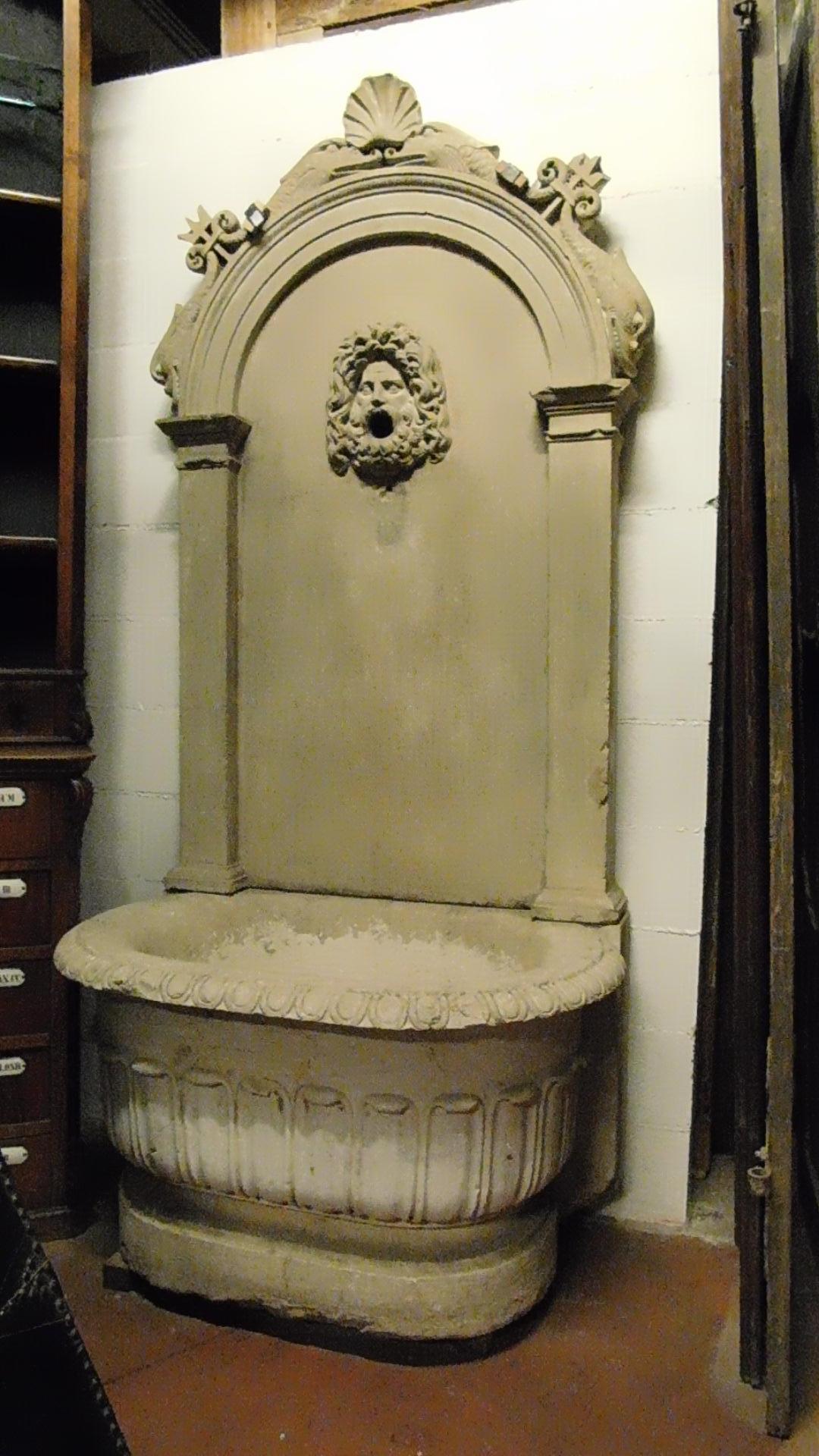 Antique stone fountain with basin and mask, carved tritons and shell, '700 Italy 2