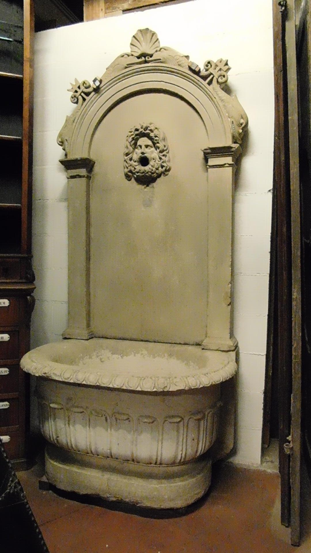 Antique stone fountain with basin and mask, carved tritons and shell, '700 Italy 3