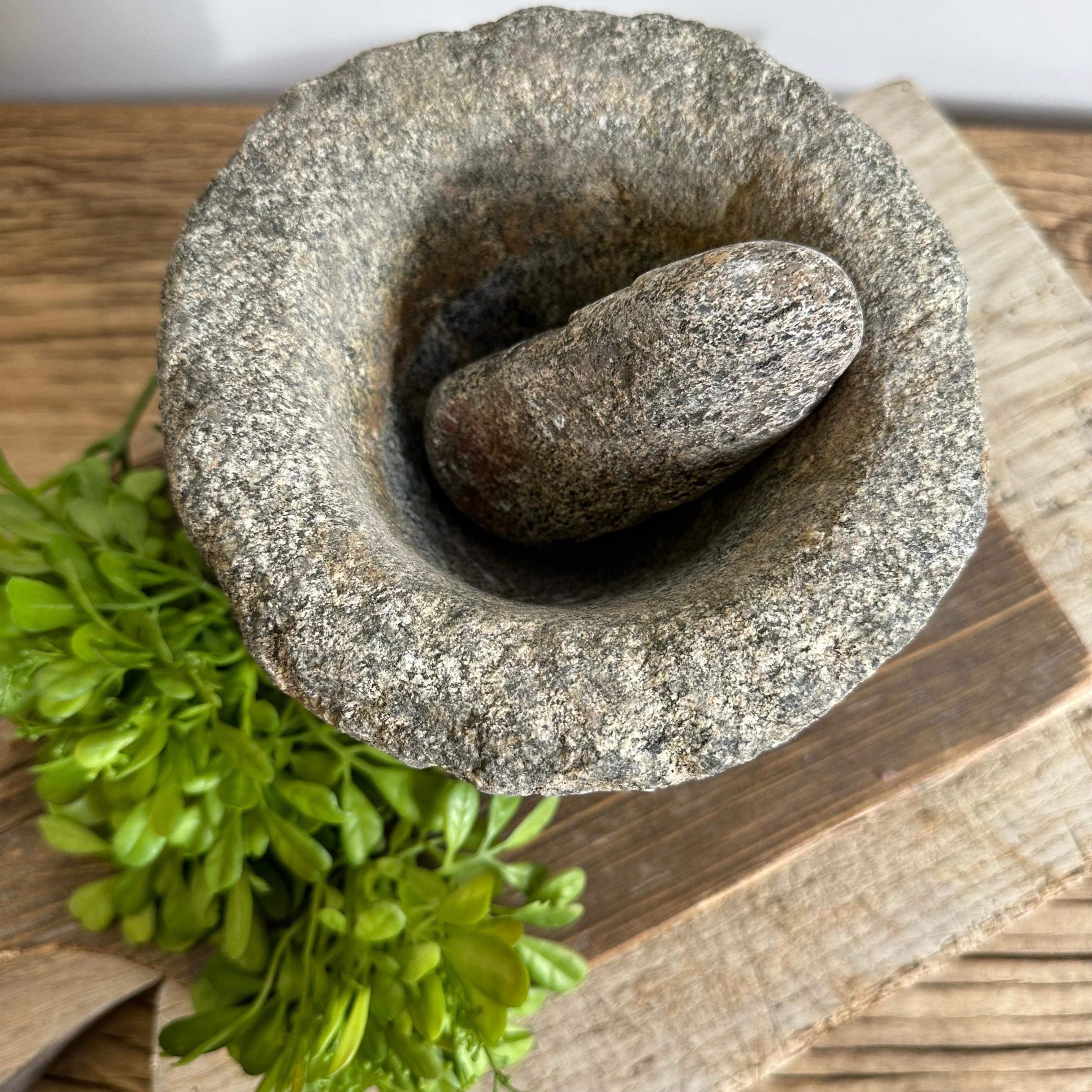 Antique stone Mortar and pestle bowl set 
Size:6.5” D x 5.25” H.