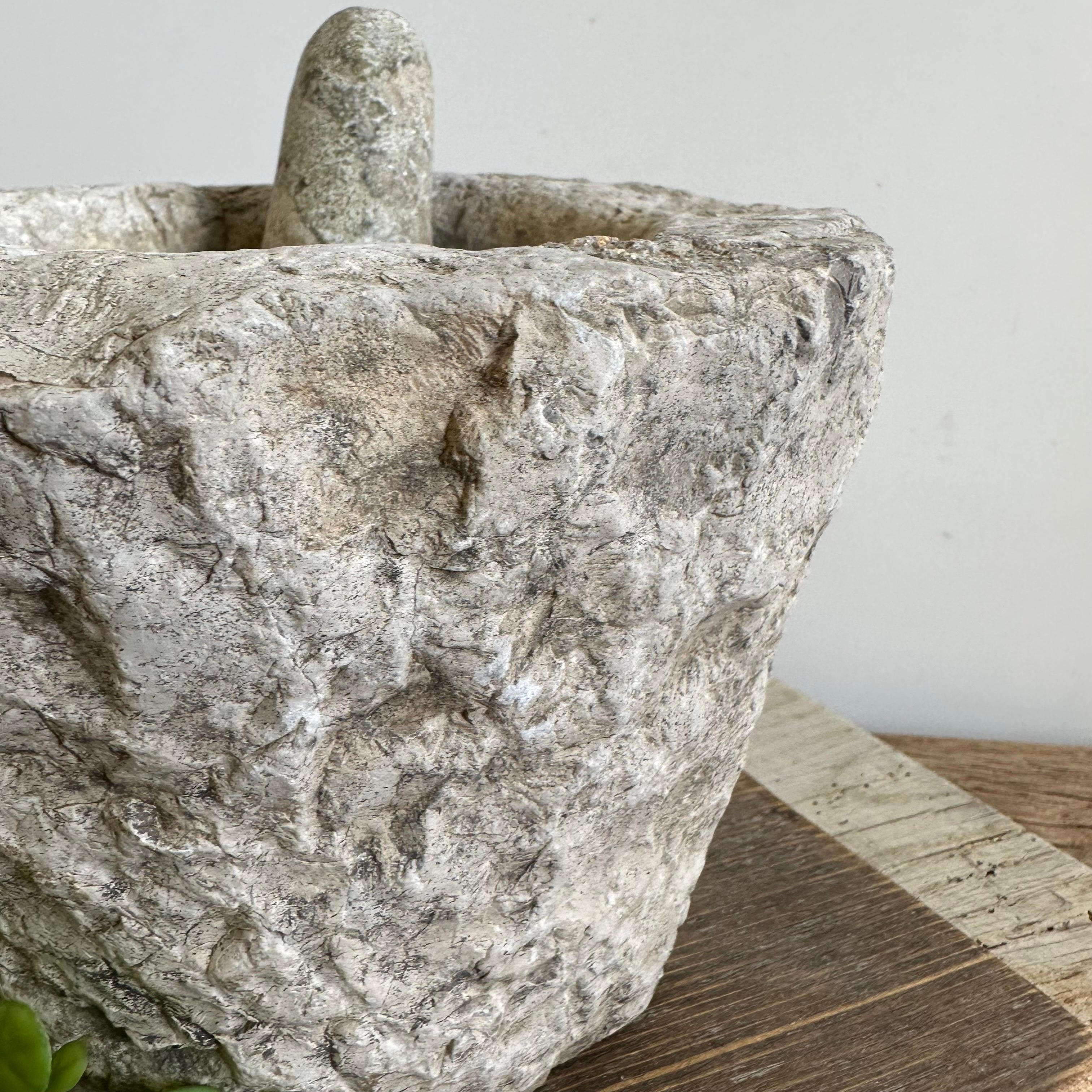Antique Stone Mortar and pestle bowl set 
Size: 8.75”d x 6.25”h.