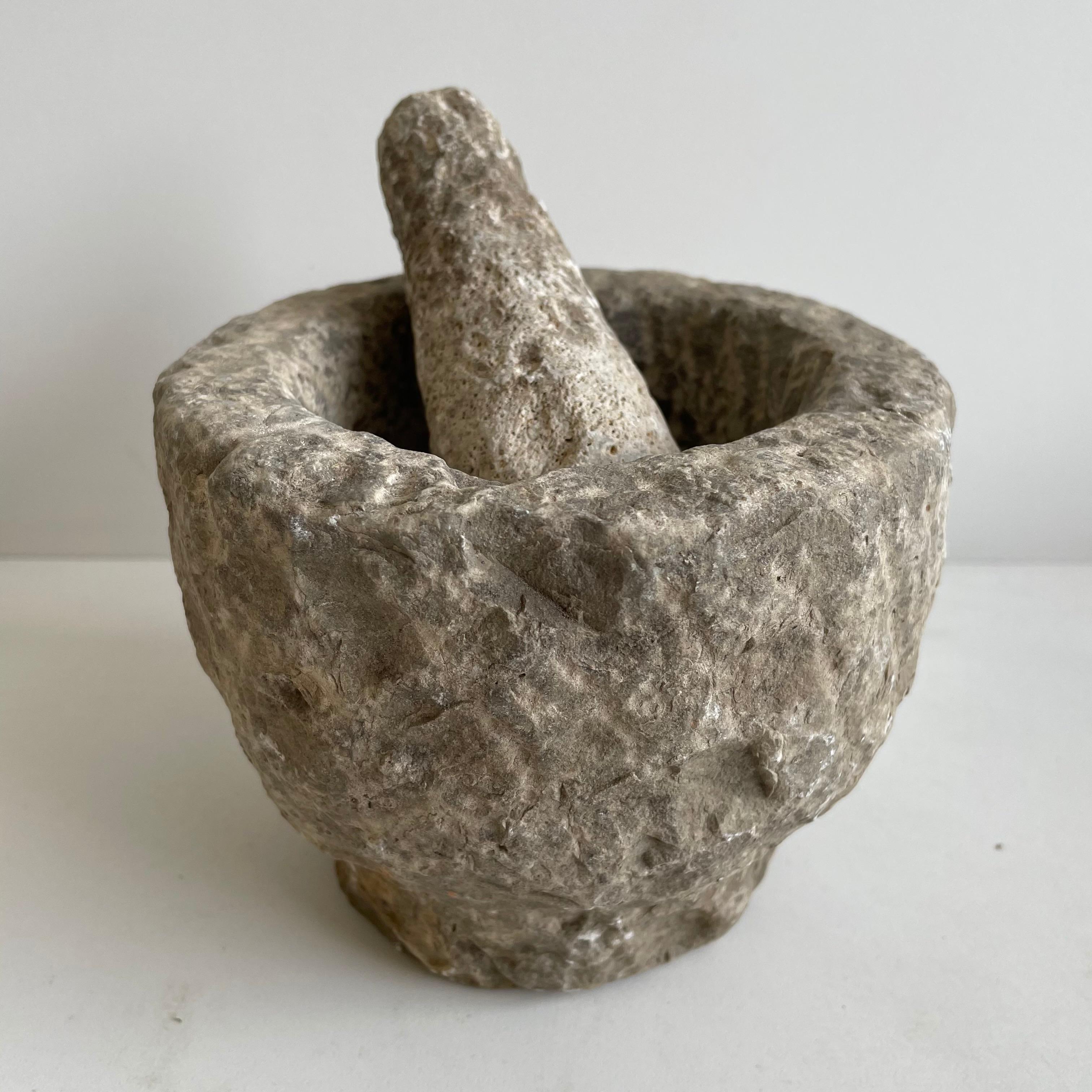 Antique Stone Mortar and Pestle Bowl Set In Good Condition In Brea, CA