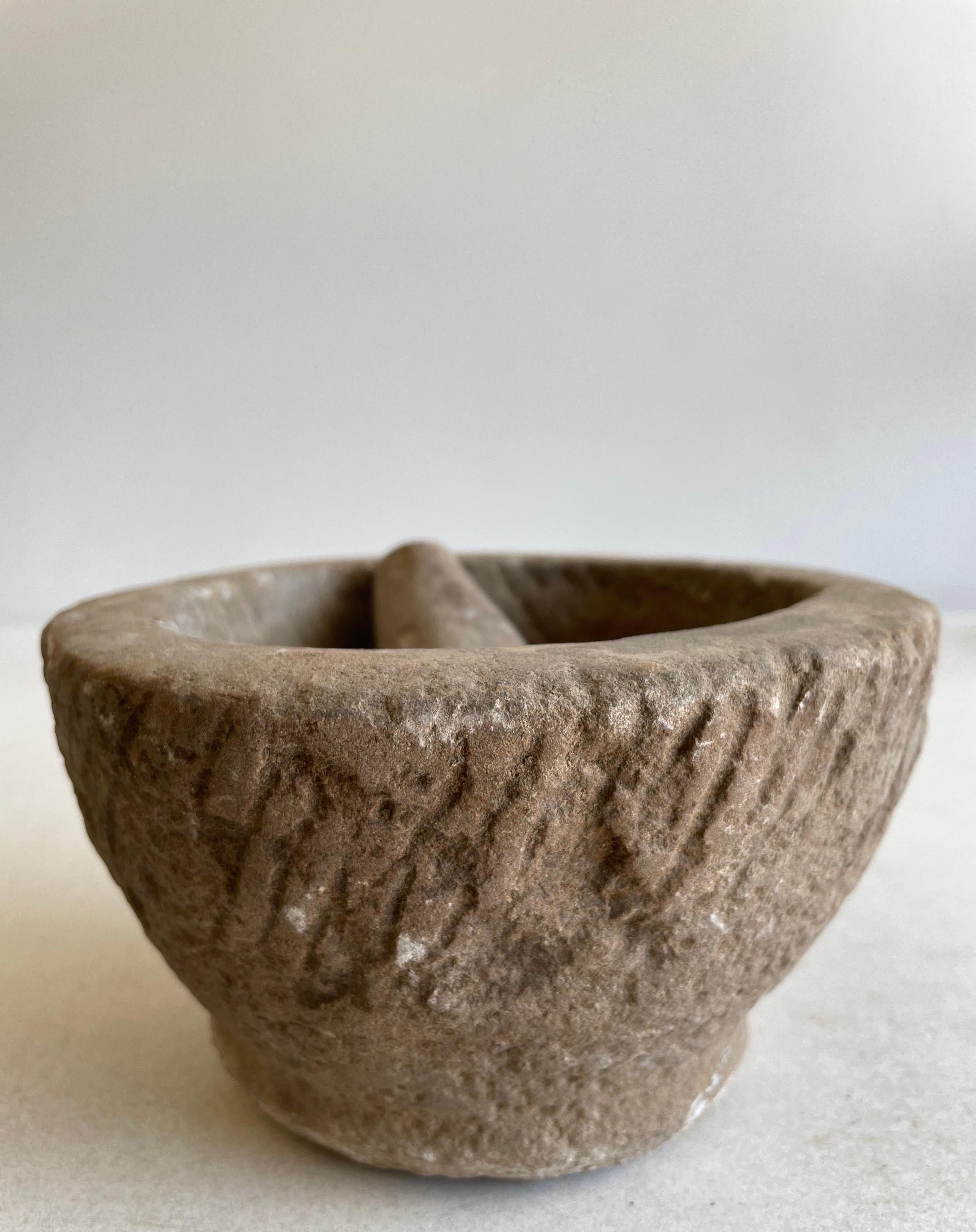 Antique Stone Mortar and Pestle Bowl Set In Good Condition In Brea, CA